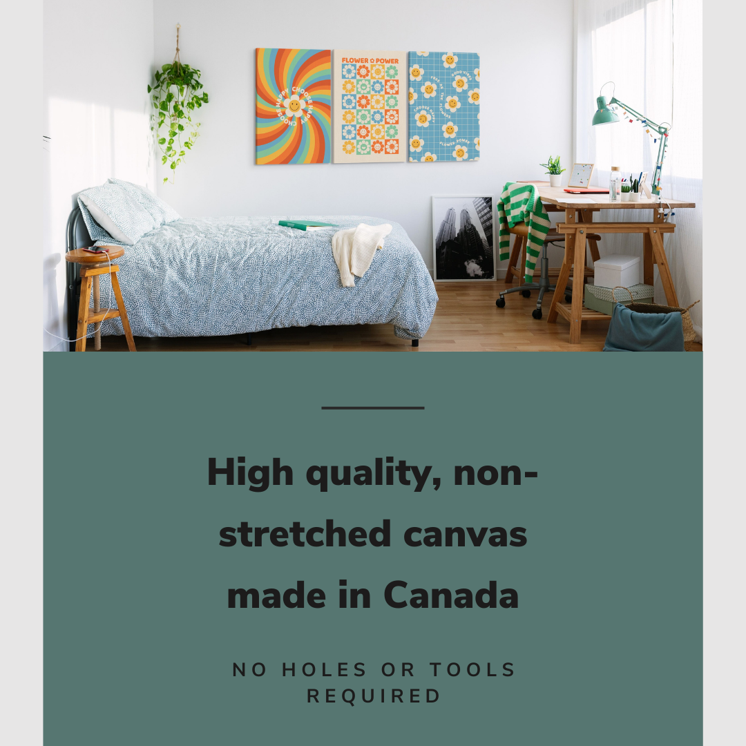 Lifestyle image of the vertical, 30x60 inch easy to hang canvas wall art hung in hung in teen's bedroom over the bed and beside the desk with graphic saying "High quality, non-stretched canvas made in Canada"