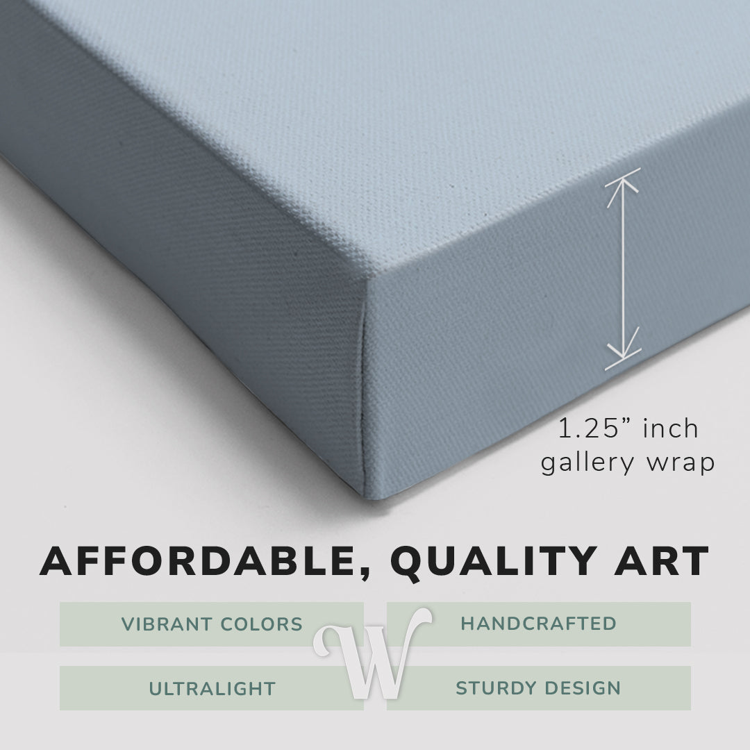 Corner shot of a Whelhung easy to hang canvas print showing the 1.25" inch gallery wrap thickness and graphic saying "Affordable, Quality Art", "Vibrant Colors", "Handcrafted", "Ultralight" and "Sturdy Design."