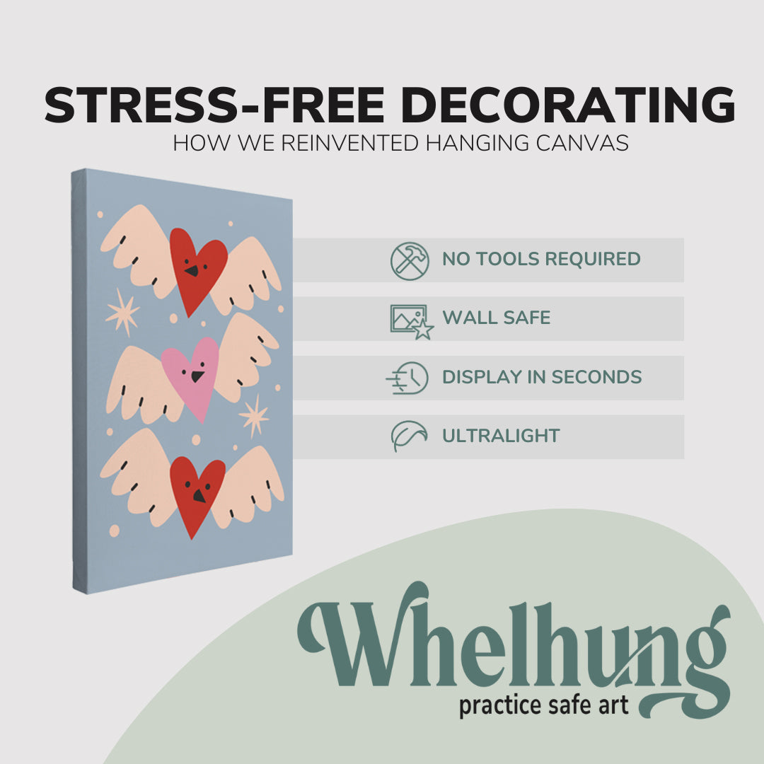 single, 2:3 vertical easy to hang canvas print on a graphic displaying the stress-free decorating Whelhung offers, how we reinvented hanging canvas: "no tools required", "wall safe"", "display in seconds" and "ultralight."