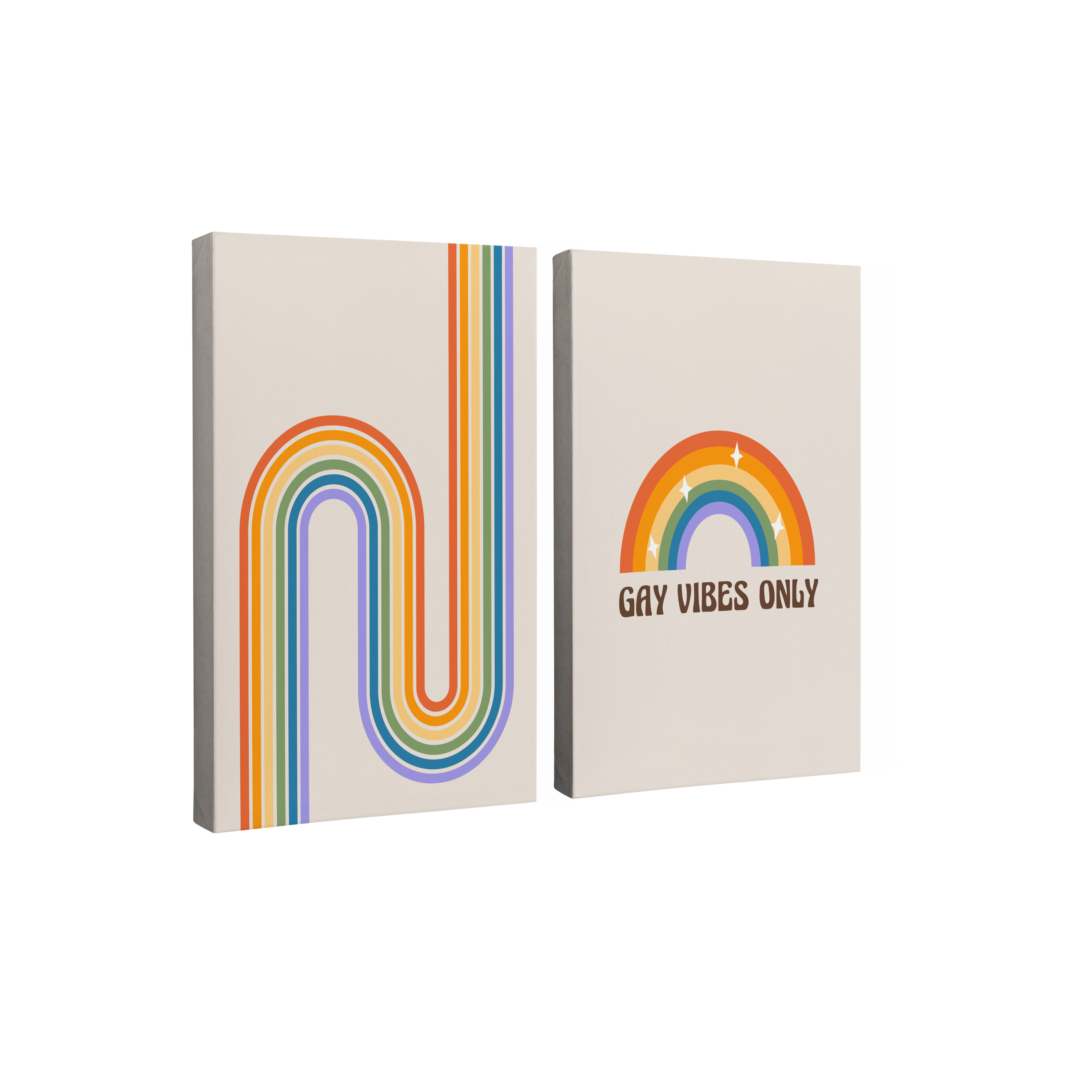 2 Panel, 2:3 vertical easy to hang canvas print on a transparent background featuring an image of a minimalist rainbows with "gay vibes only" in brown on a light beige background