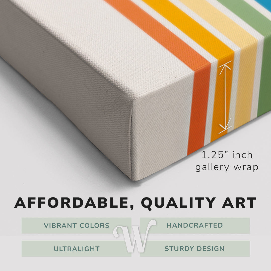 Corner shot of a Whelhung easy to hang canvas print showing the 1.25" inch gallery wrap thickness and graphic saying "Affordable, Quality Art", "Vibrant Colors", "Handcrafted", "Ultralight" and "Sturdy Design."