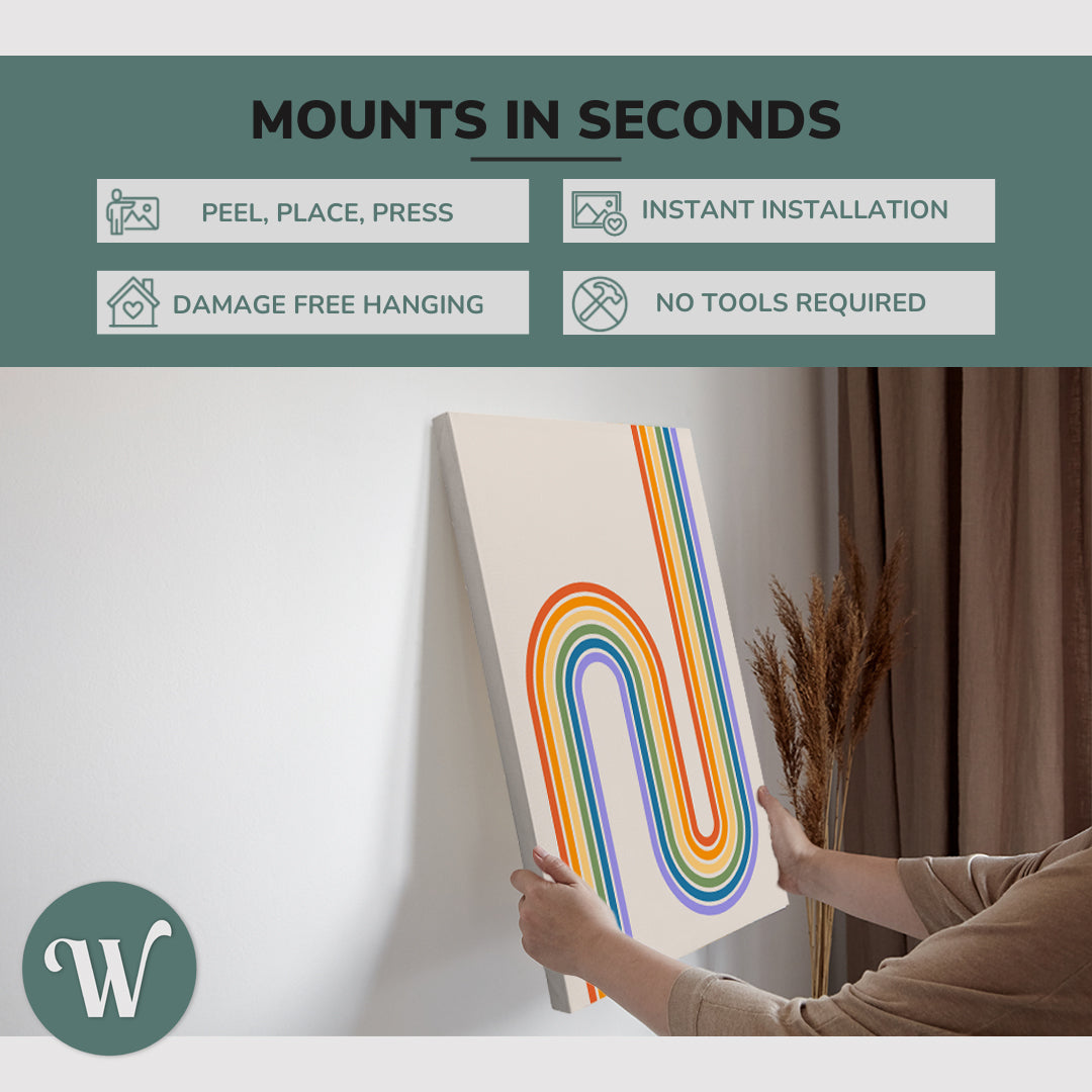 graphic showing hanging one of a 2 Panel 2:3 vertical 30x40 inch easy to hang canvas showing how easy it is to hang. Mounts in seconds, "peel, place, press", "instant installation", "damage free hanging" and "no tools required."