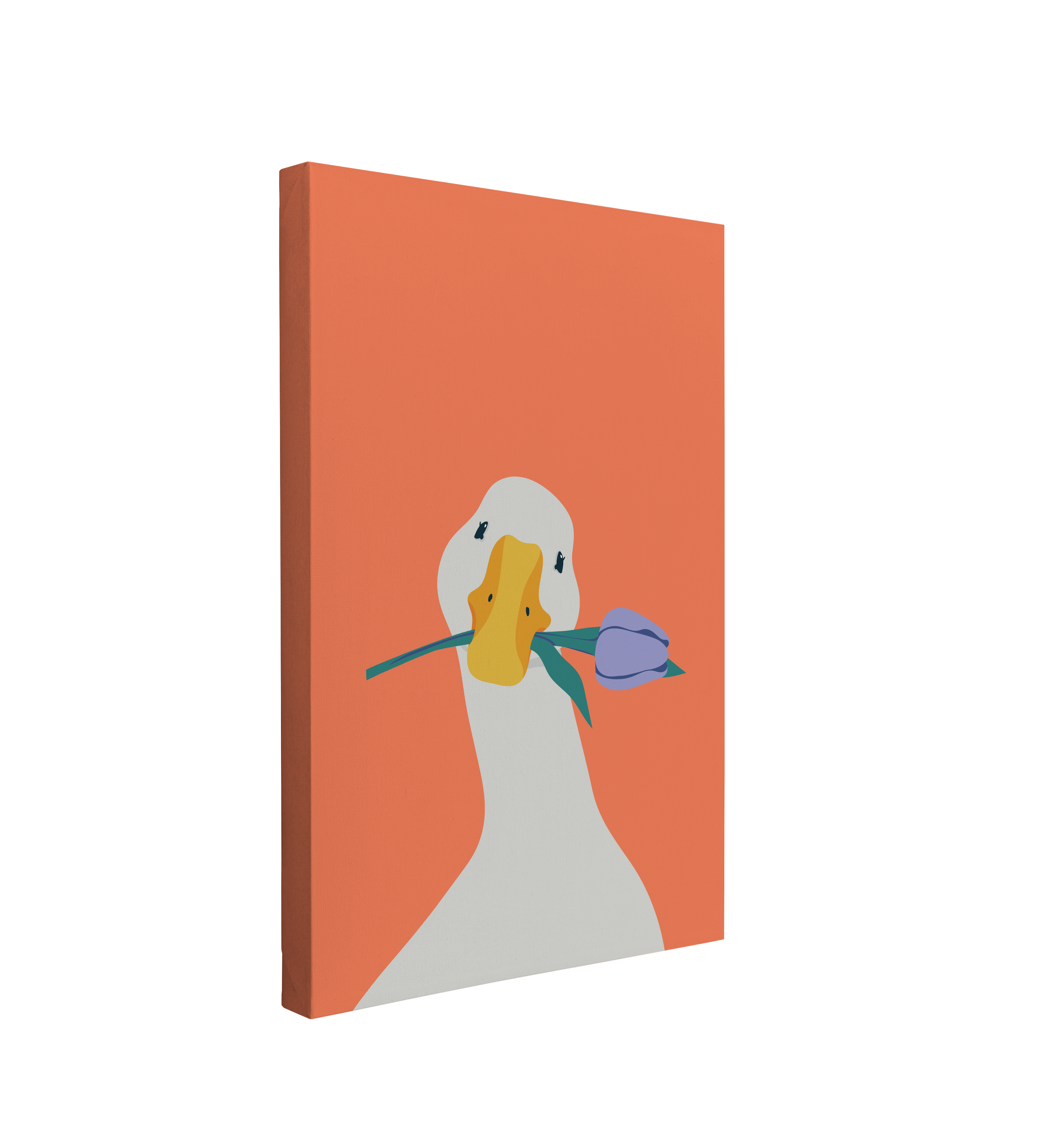 single, 2:3 vertical easy to hang canvas print on a transparent background featuring an image of a graphic of a white goose with a purple tulip in it's mouth on an orange background