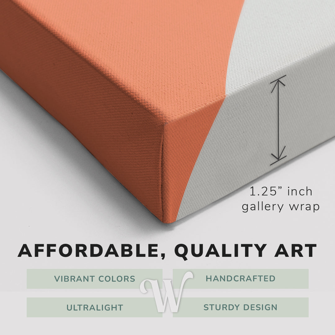 Corner shot of a Whelhung easy to hang canvas print showing the 1.25" inch gallery wrap thickness and graphic saying "Affordable, Quality Art", "Vibrant Colors", "Handcrafted", "Ultralight" and "Sturdy Design."