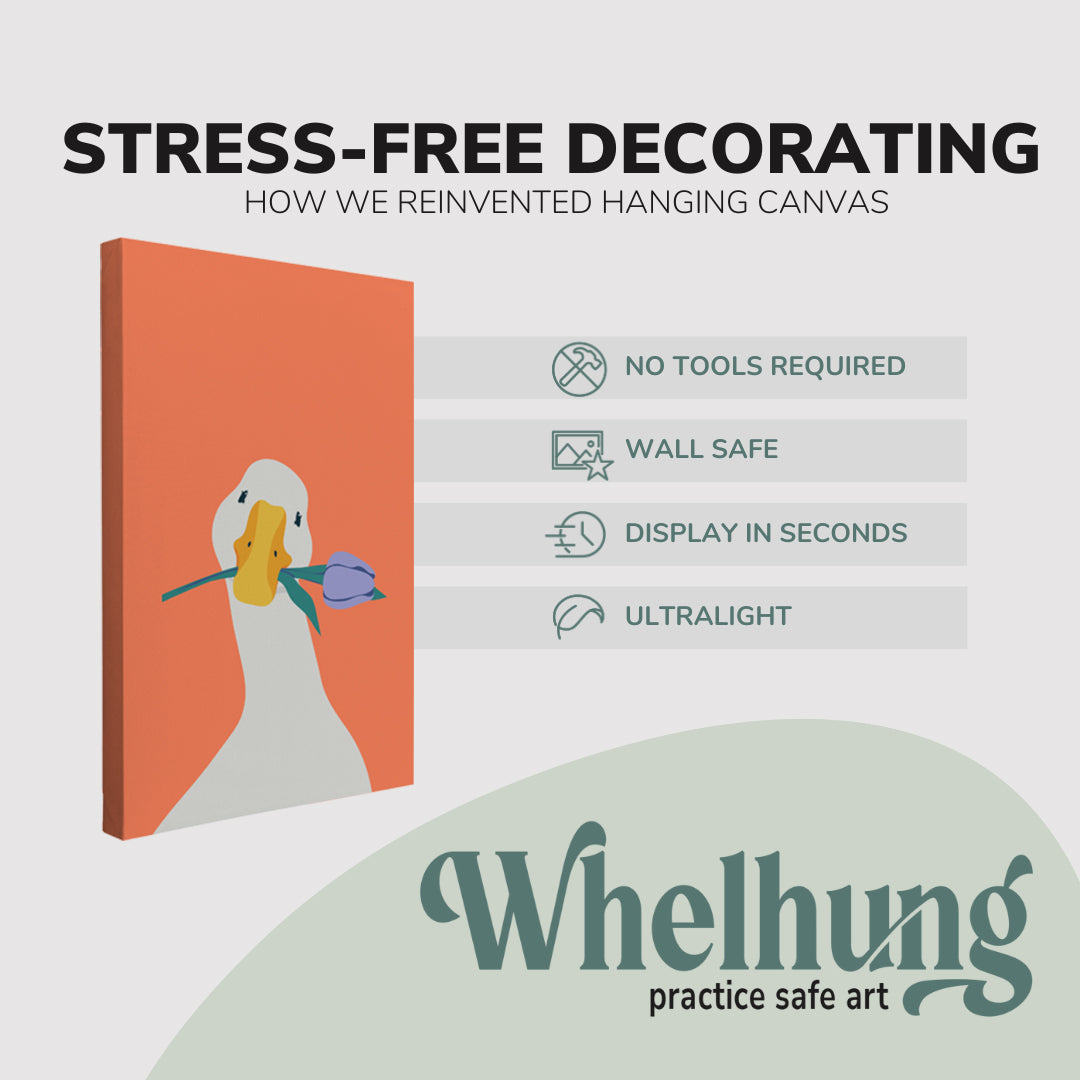 single, 2:3 vertical easy to hang canvas print on a graphic displaying the stress-free decorating Whelhung offers, how we reinvented hanging canvas: "no tools required", "wall safe"", "display in seconds" and "ultralight."