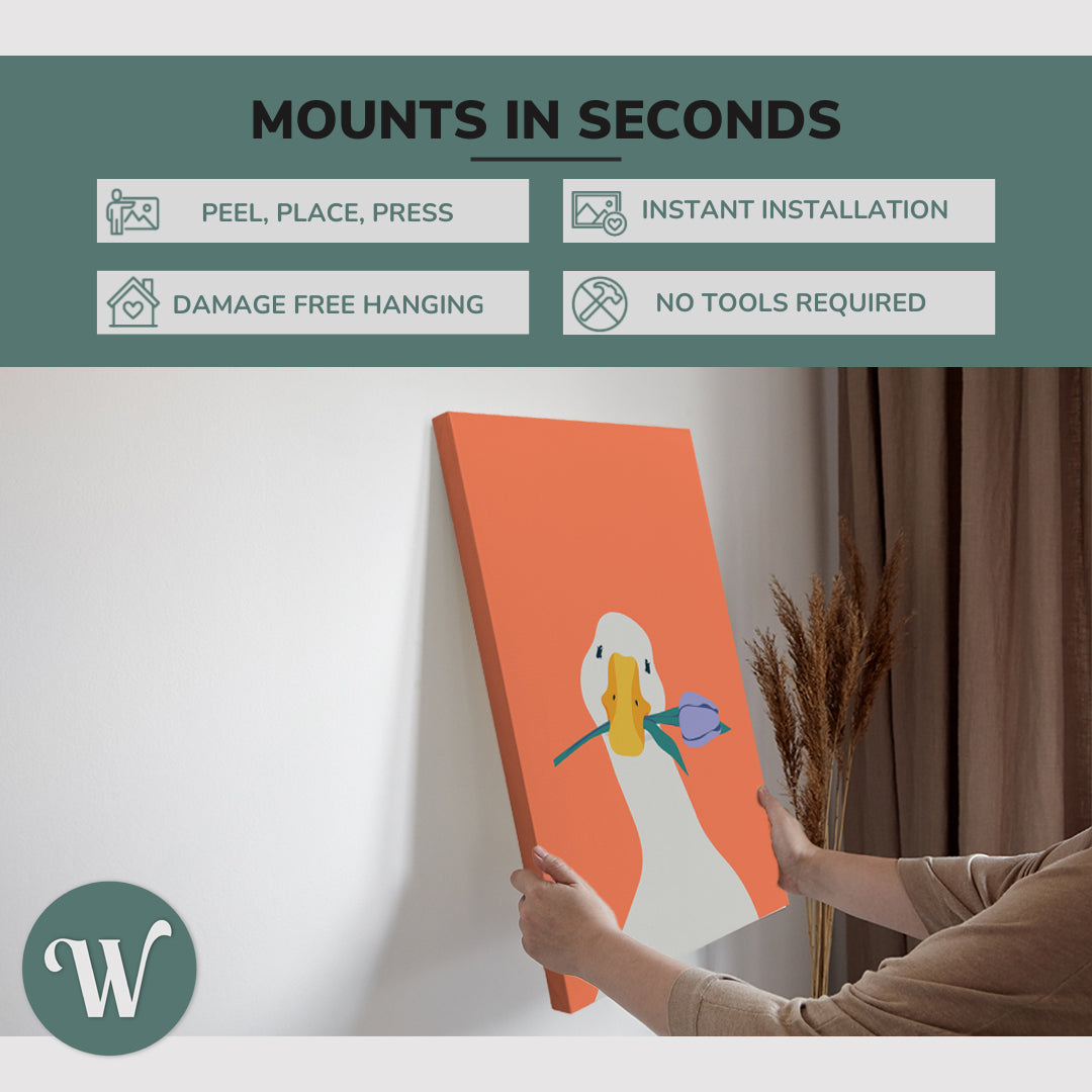 graphic showing hanging a single 2:3 vertical 20x30 inch easy to hang canvas showing how easy it is to hang. Mounts in seconds, "peel, place, press", "instant installation", "damage free hanging" and "no tools required."