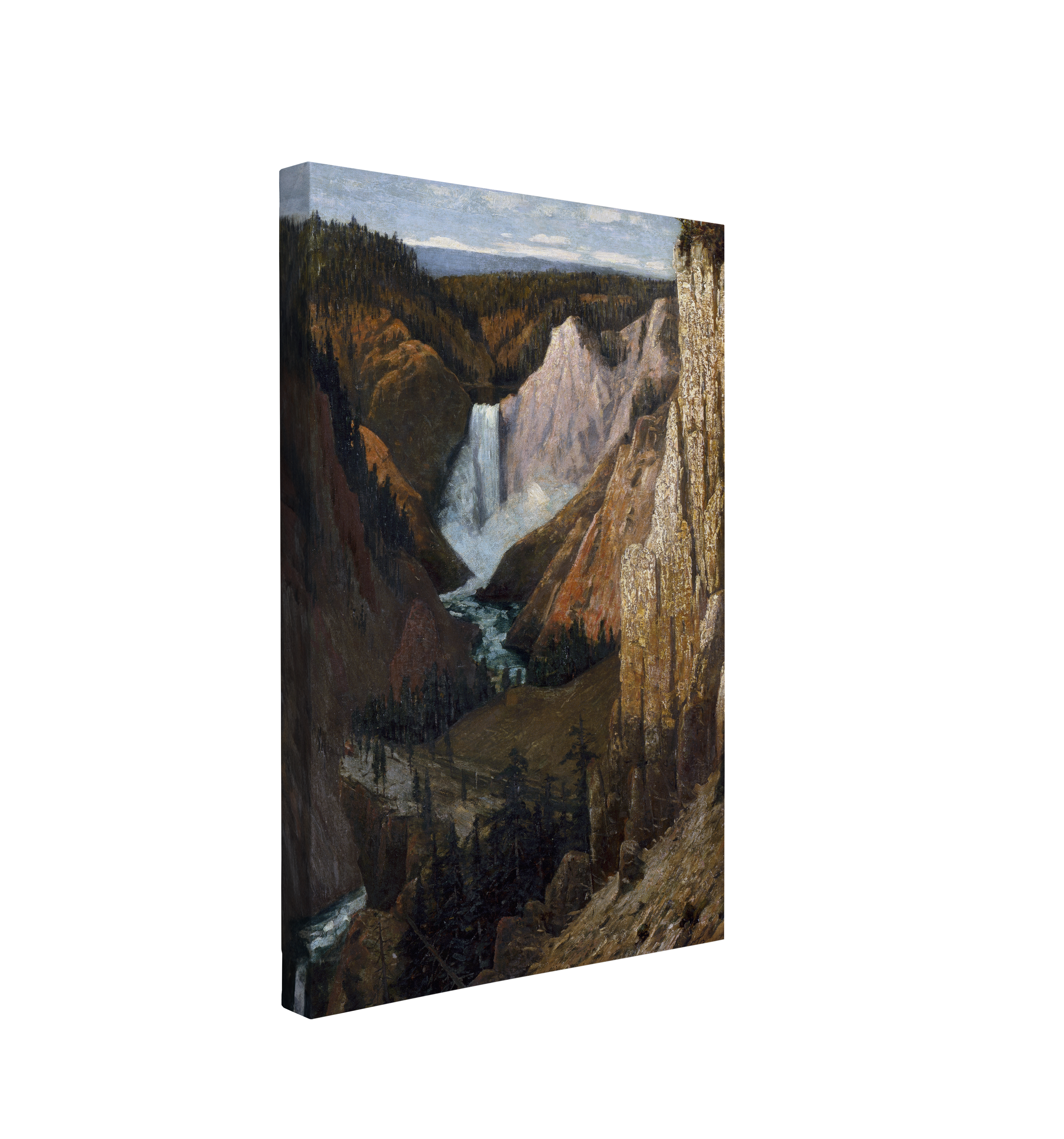 Single, 2:3 vertical easy to hang canvas print on a transparent background featuring an image of a vintage painting of the falls in the Grand Canyon of the Yellowstone with mountains and a river.
