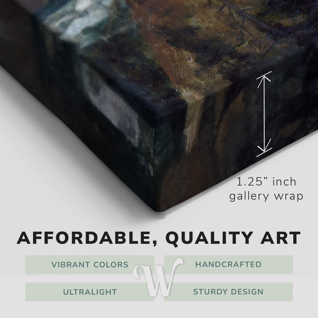 Corner shot of a Whelhung easy to hang canvas print showing the 1.25” inch gallery wrap thickness and graphic saying "Affordable, Quality Art", "Vibrant Colors", "Handcrafted", "Ultralight" and "Sturdy Design."