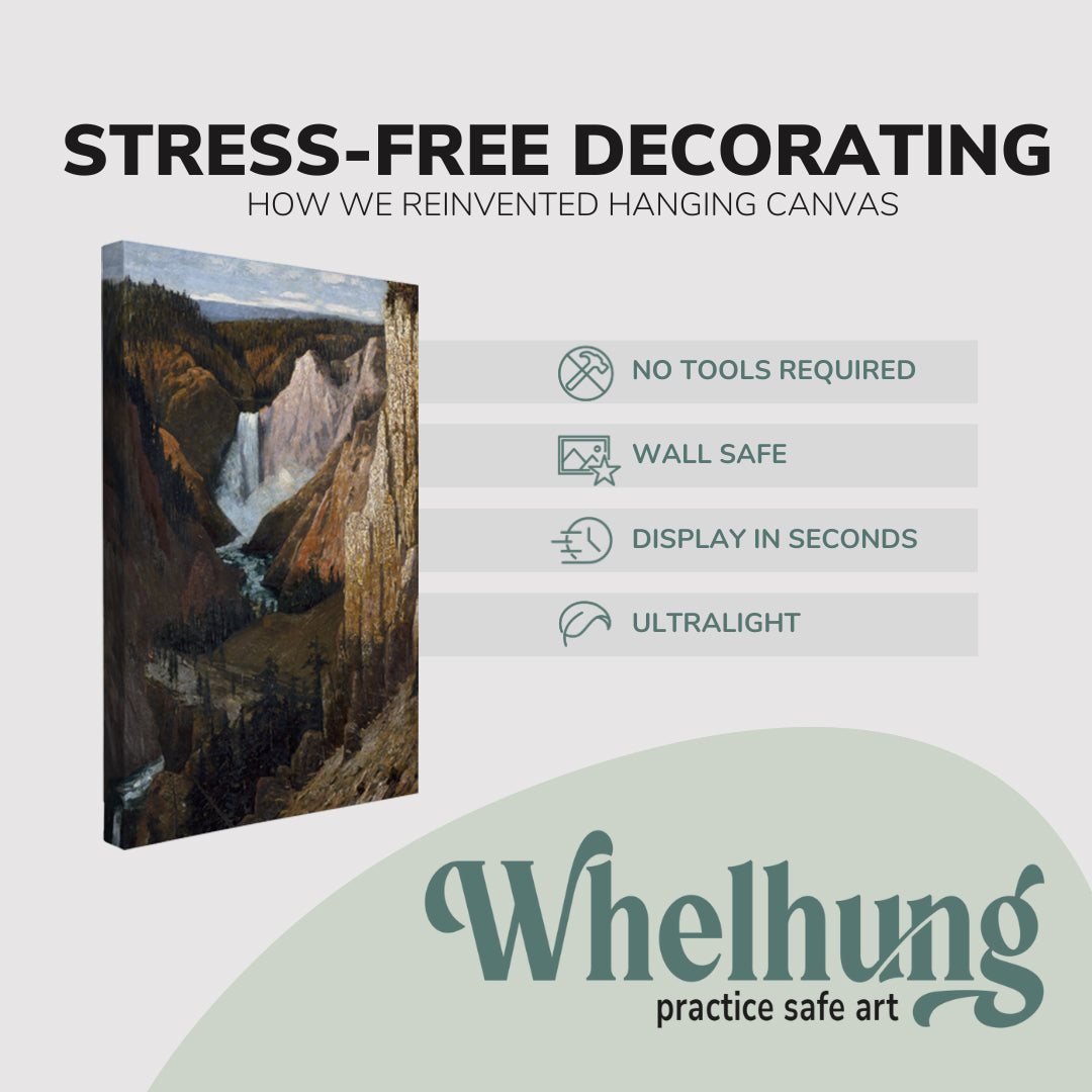 Single, 2:3 vertical easy to hang canvas print on a graphic displaying the stress-free decorating Whelhung offers, how we reinvented hanging canvas: "no tools required", "wall safe", "display in seconds" and "ultralight."