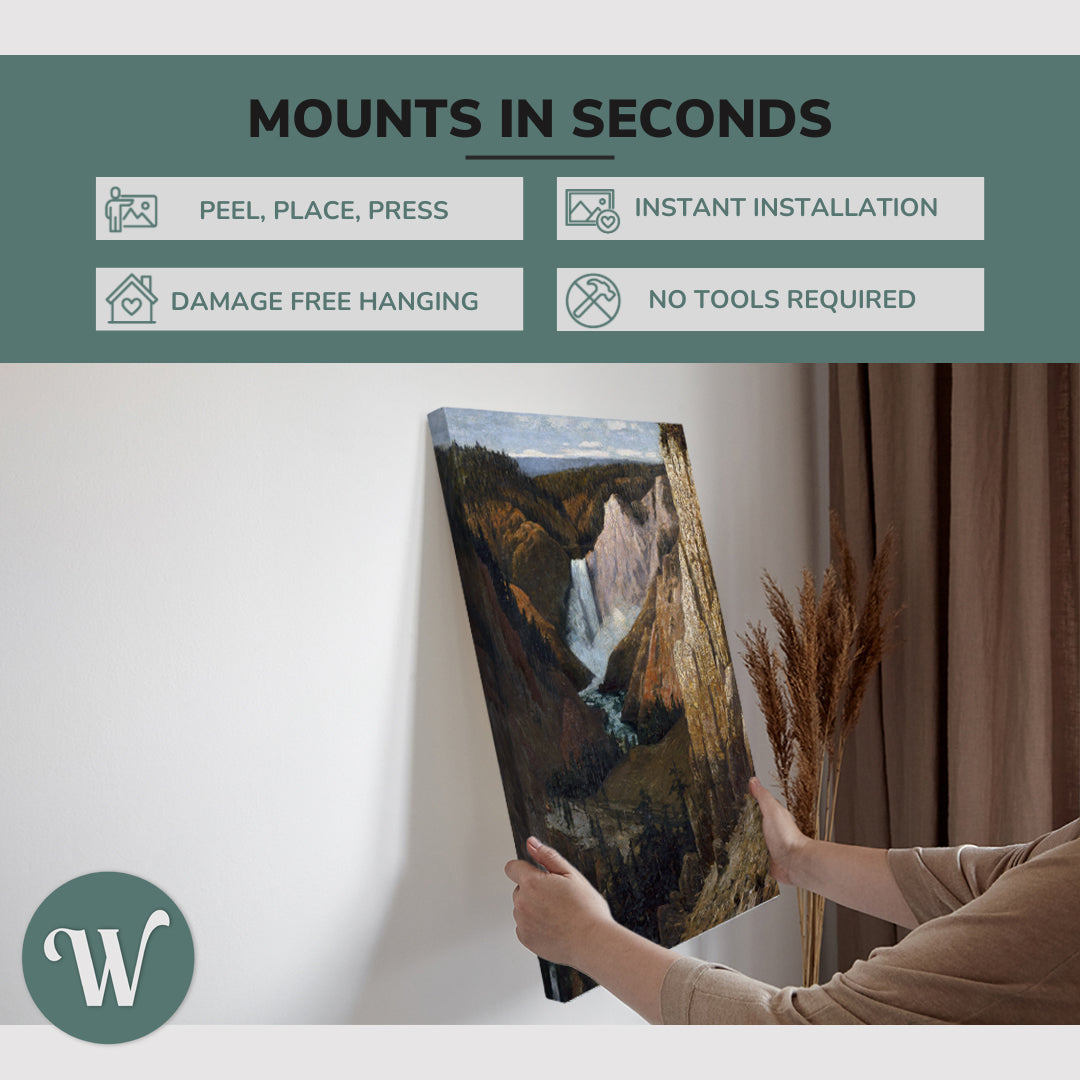 graphic showing hanging a single 2:3 vertical 20x30” inch easy to hang canvas showing how easy it is to hang. Mounts in seconds, "peel, place, press", "instant installation", "damage free hanging" and "no tools required."