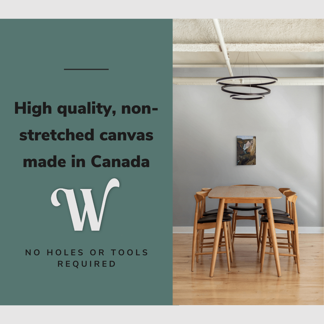 Lifestyle image of the vertical 12x18” inch easy to hang canvas wall art hung in “room description” with graphic saying "High quality, non-stretched canvas made in Canada."