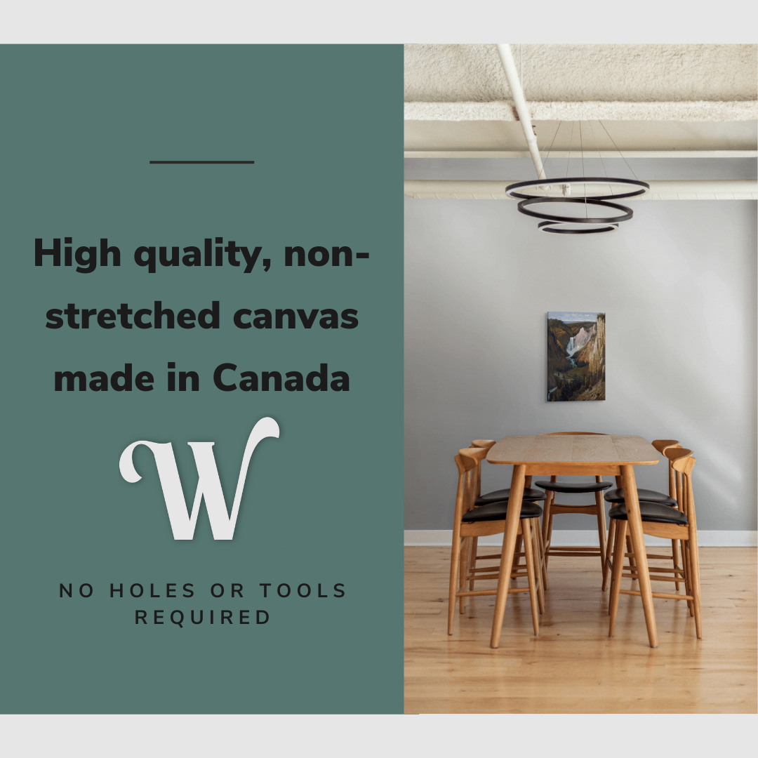 Lifestyle image of the vertical 16x24” inch easy to hang canvas wall art hung in “room description” with graphic saying "High quality, non-stretched canvas made in Canada."