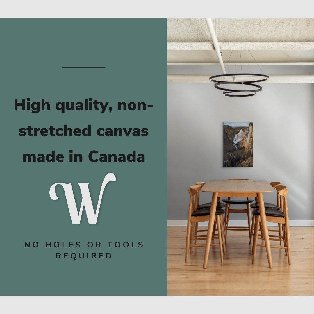 Lifestyle image of the vertical, 20x30” inch easy to hang canvas wall art hung in a dining room above the dining table with graphic saying "High quality, non-stretched canvas made in Canada"