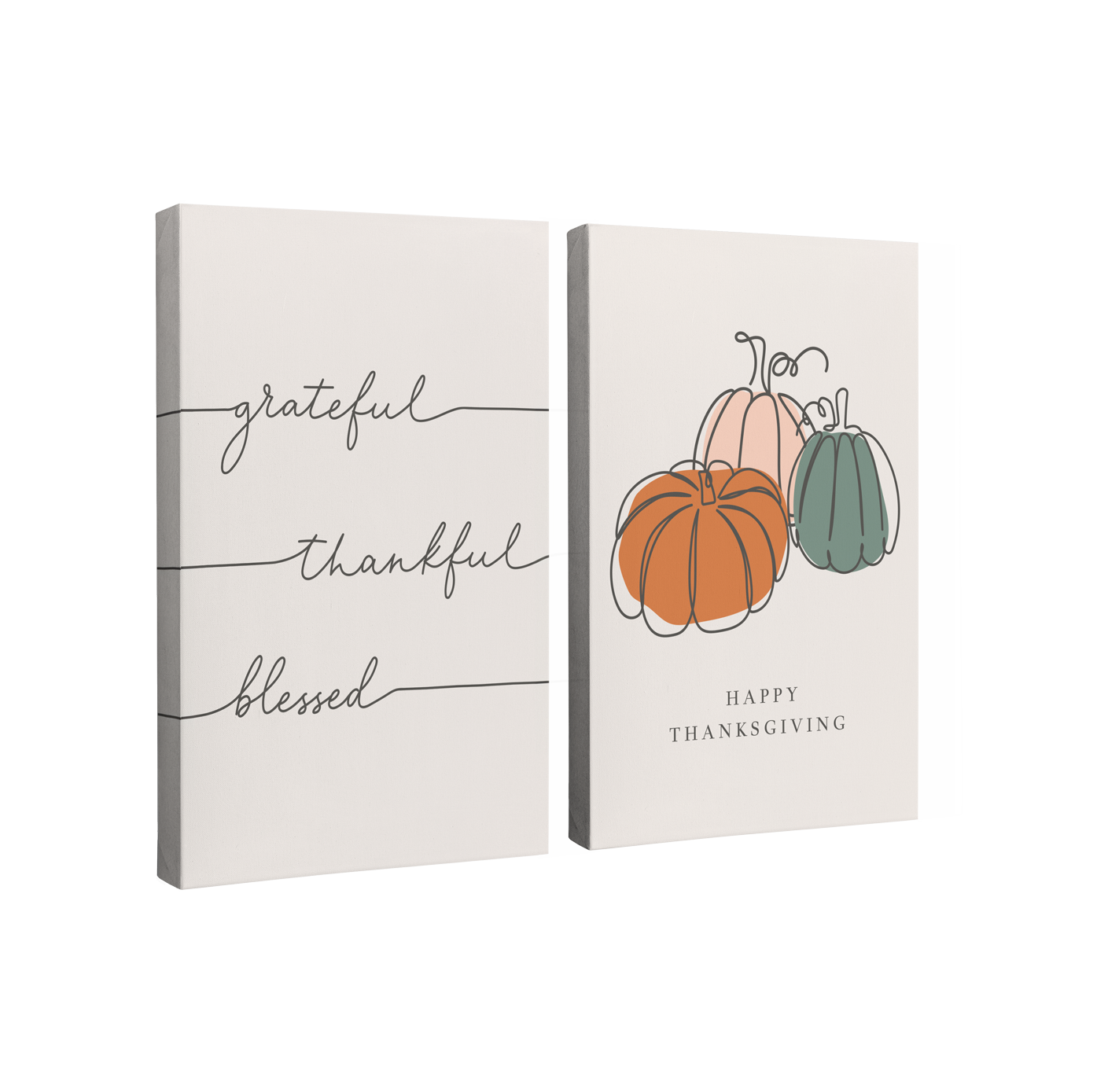 Set of 2, 2:3 vertical easy to hang canvas prints on a transparent background featuring an image of three words in dark grey cursive, "grateful", "thankful", and "blessed" on a light grey background with the second panel having three pumpkins in orange, white and green with "Happy Thanksgiving" under it.