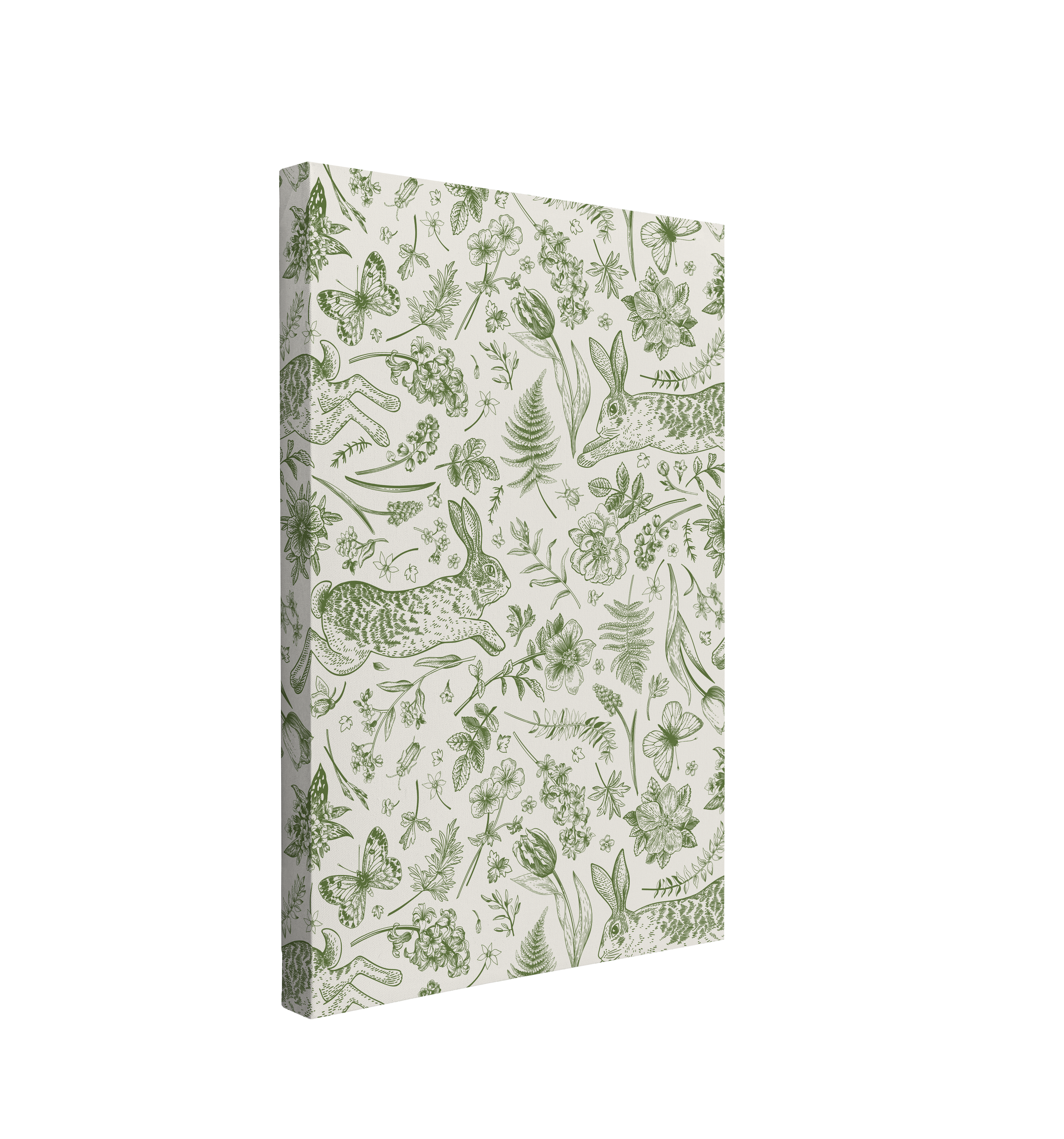 single, 2:3 vertical easy to hang canvas print on a transparent background featuring an image of vintage pattern of rabbits, florals, botanicals and butterflies in green on a light beige background