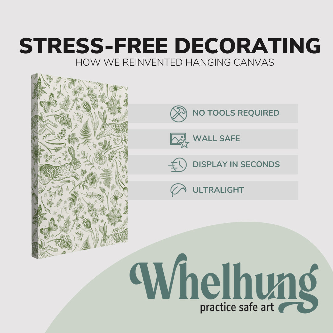 single, 2:3 vertical easy to hang canvas print on a graphic displaying the stress-free decorating Whelhung offers, how we reinvented hanging canvas: "no tools required", "wall safe"", "display in seconds" and "ultralight."