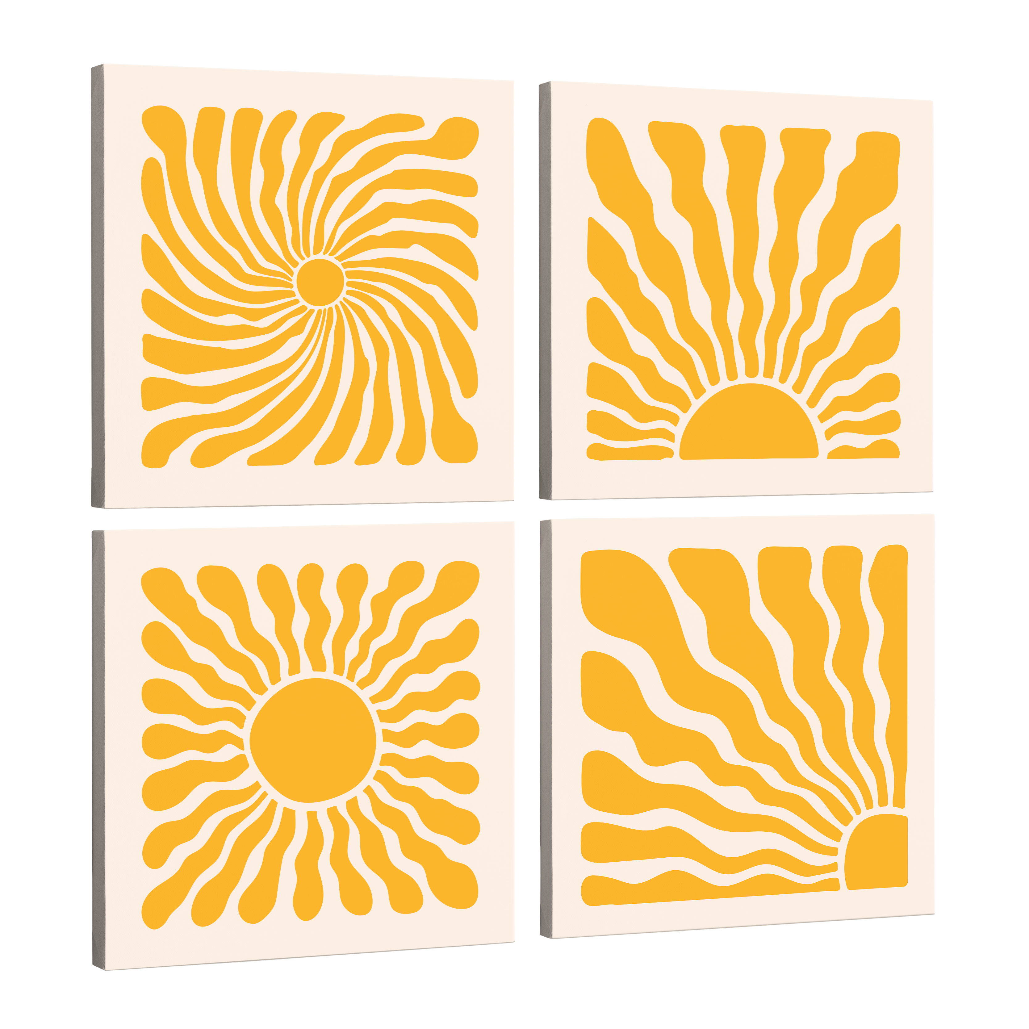 4 Panel, 1:1 square easy to hang canvas print on a transparent background featuring an image of four contemporary minimalist abstract interpretations of the sun in yellow on a beige background