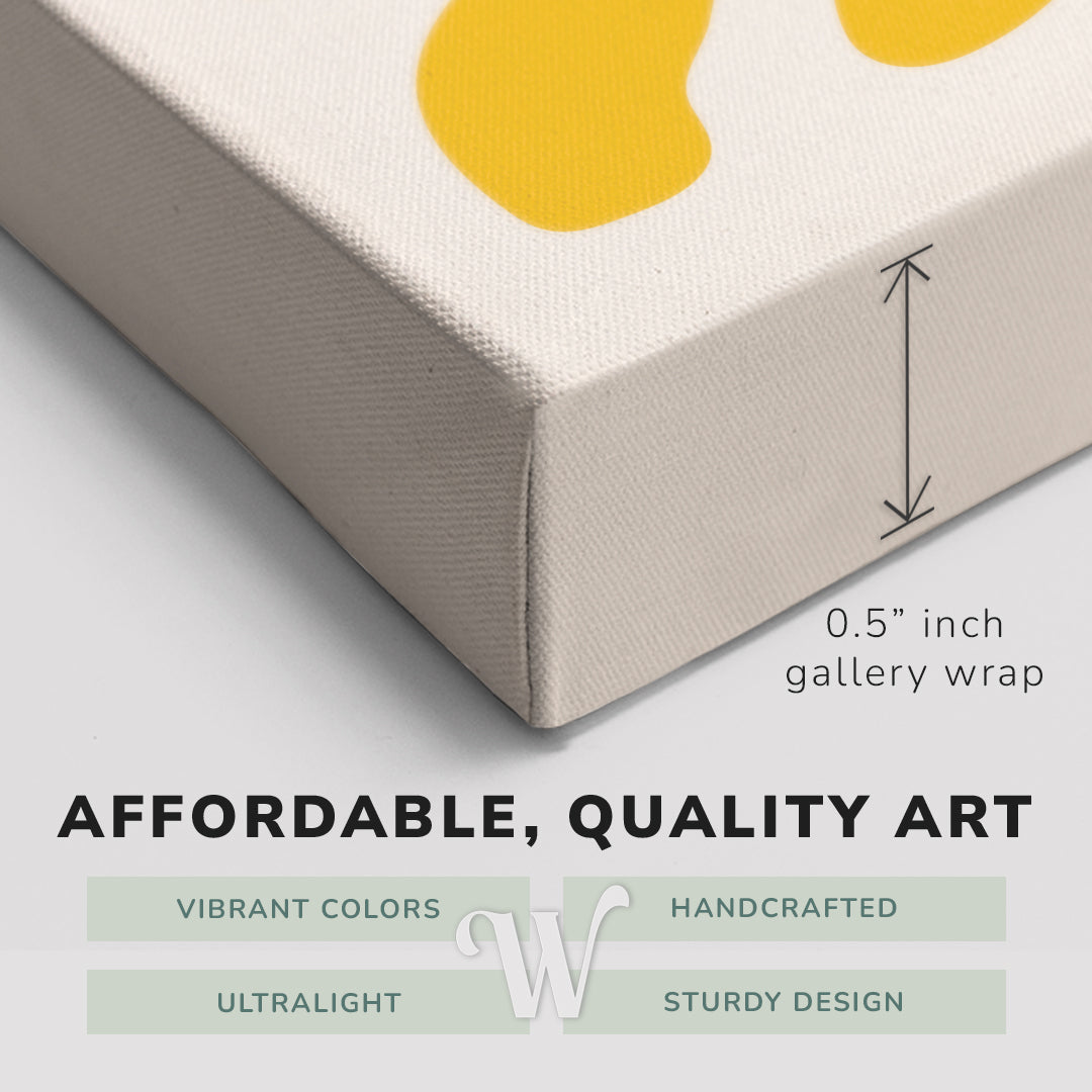Corner shot of a Whelhung easy to hang canvas print showing the 0.5" inch gallery wrap thickness and graphic saying "Affordable, Quality Art", "Vibrant Colors", "Handcrafted", "Ultralight" and "Sturdy Design."