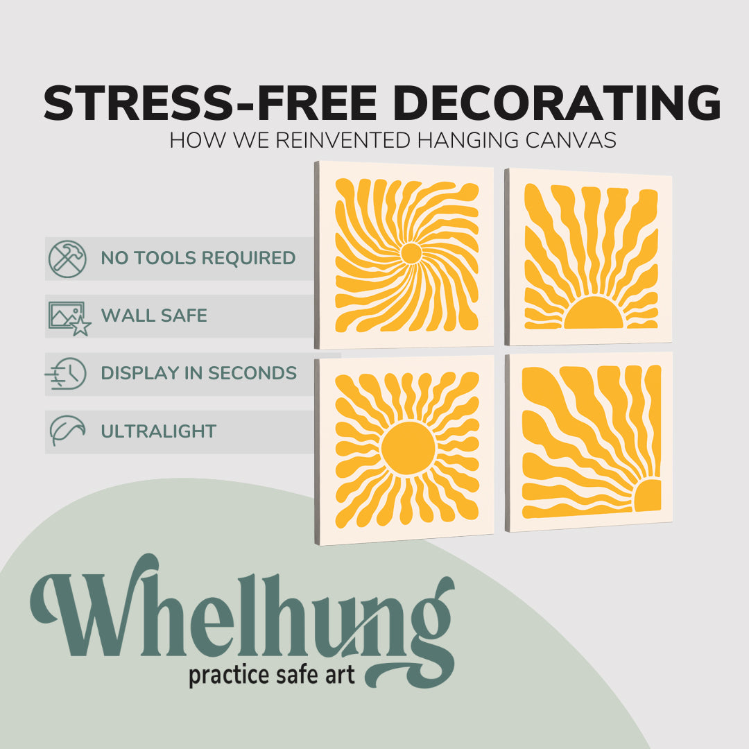 4 Panel, 1:1 square easy to hang canvas print on a graphic displaying the stress-free decorating Whelhung offers, how we reinvented hanging canvas: "no tools required", "wall safe"", "display in seconds" and "ultralight." 2
