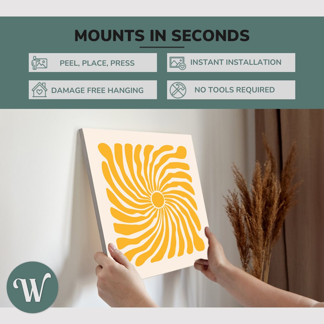 graphic showing hanging one of a 4 Panel 1:1 square 40x40 inch easy to hang canvas showing how easy it is to hang. Mounts in seconds, "peel, place, press", "instant installation", "damage free hanging" and "no tools required."