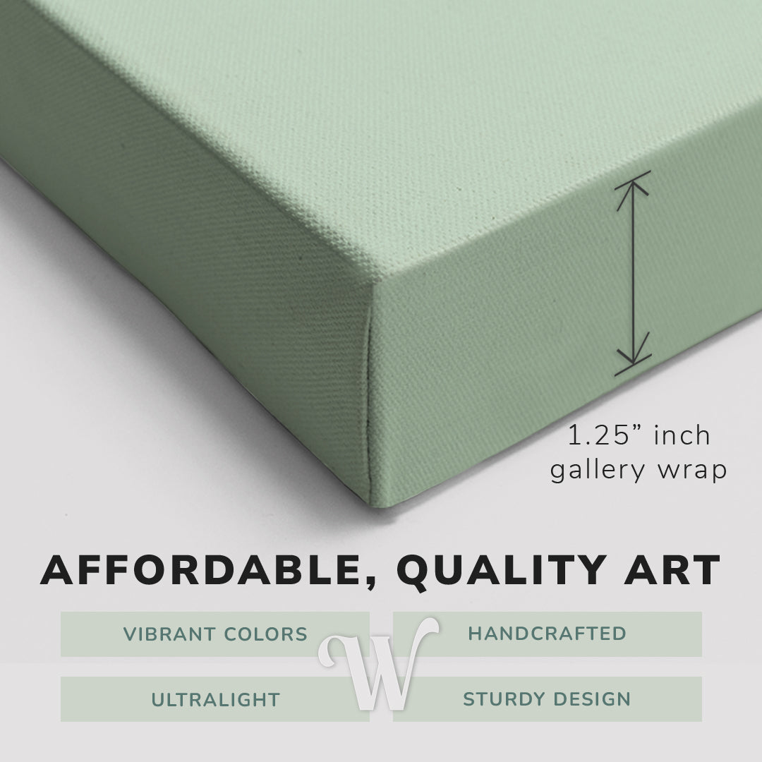 Corner shot of a Whelhung easy to hang canvas print showing the 1.25" inch gallery wrap thickness and graphic saying "Affordable, Quality Art", "Vibrant Colors", "Handcrafted", "Ultralight" and "Sturdy Design."