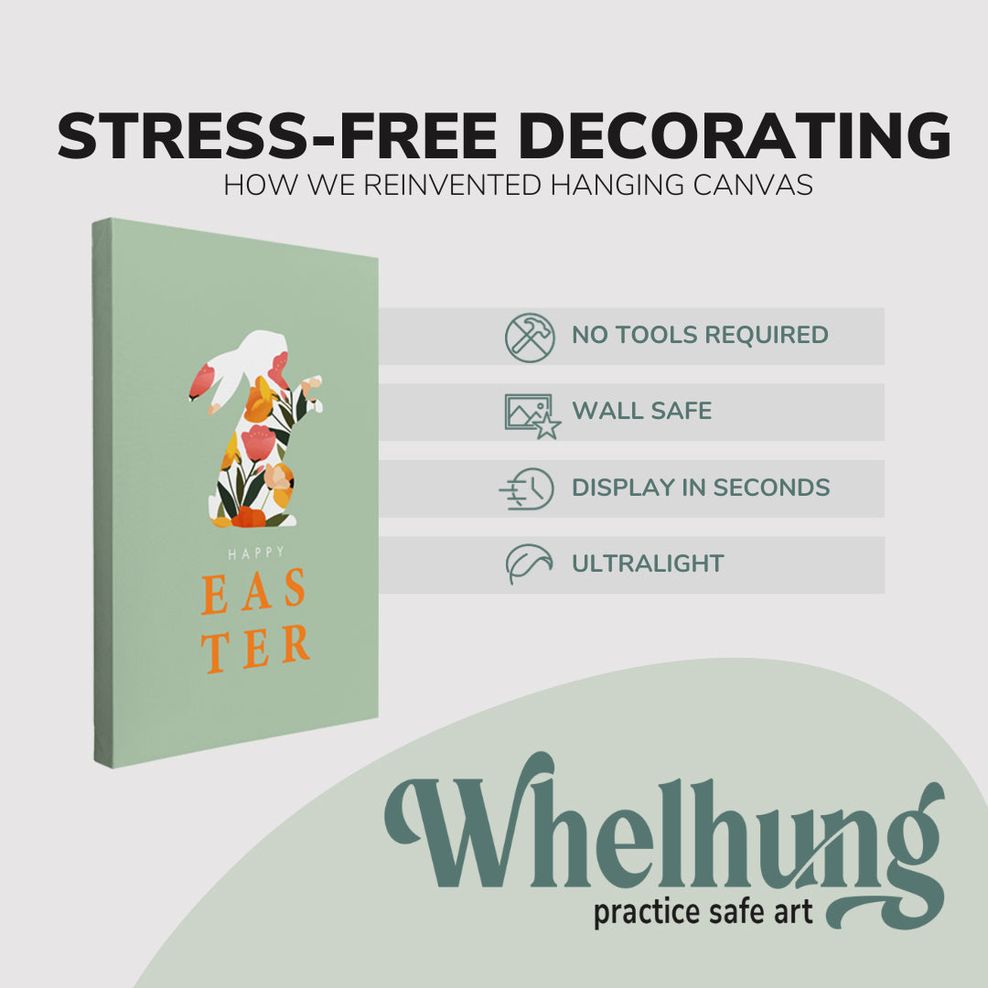single, 2:3 vertical easy to hang canvas print on a graphic displaying the stress-free decorating Whelhung offers, how we reinvented hanging canvas: "no tools required", "wall safe"", "display in seconds" and "ultralight."