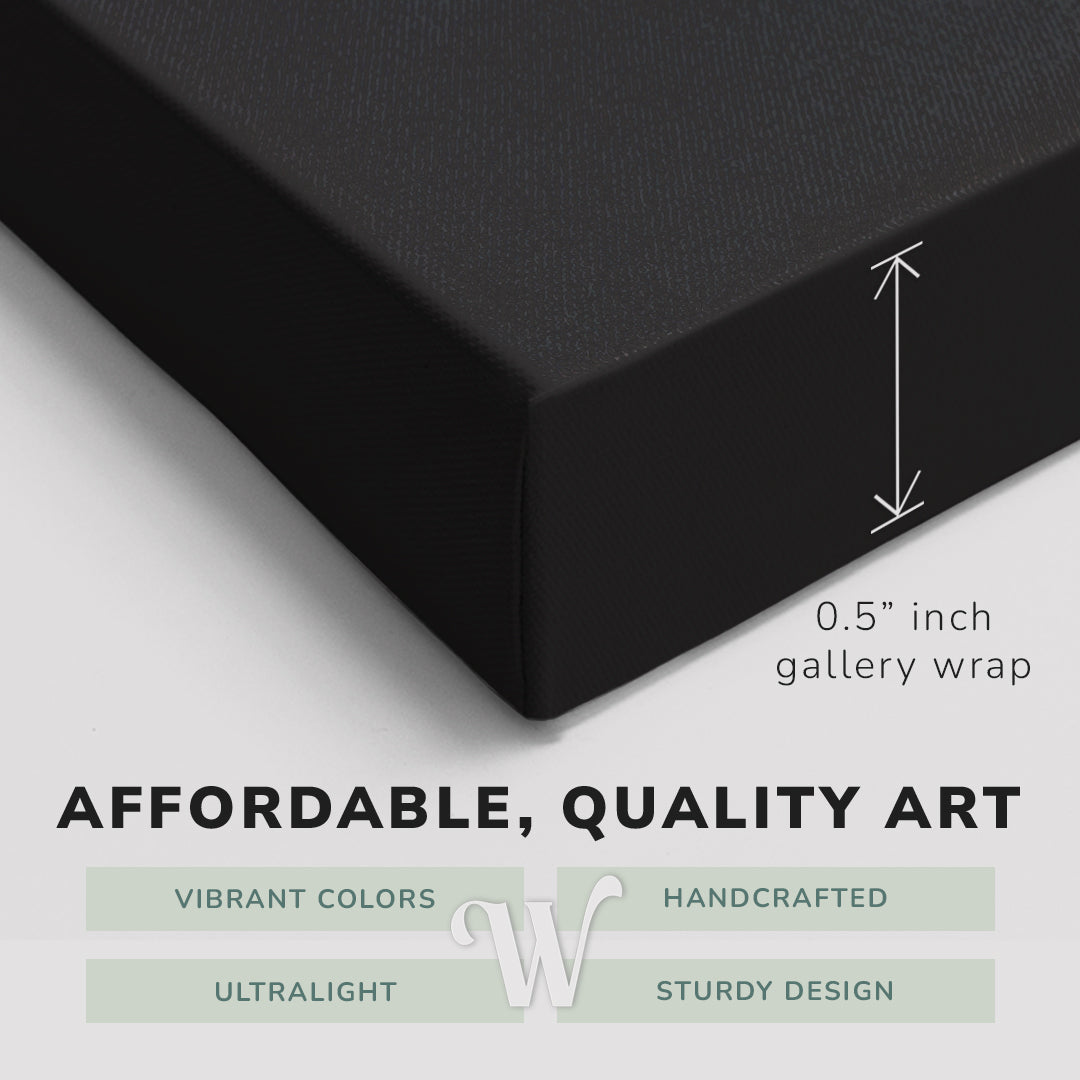 Corner shot of a Whelhung easy to hang canvas print showing the 0.5” inch gallery wrap thickness and graphic saying "Affordable, Quality Art", "Vibrant Colors", "Handcrafted", "Ultralight" and "Sturdy Design."