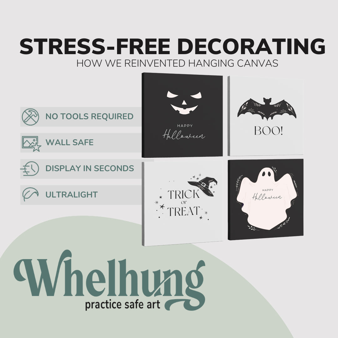 Set of 4, square easy to hang canvas prints on a graphic displaying the stress-free decorating Whelhung offers, how we reinvented hanging canvas: "no tools required", "wall safe", "display in seconds" and "ultralight."