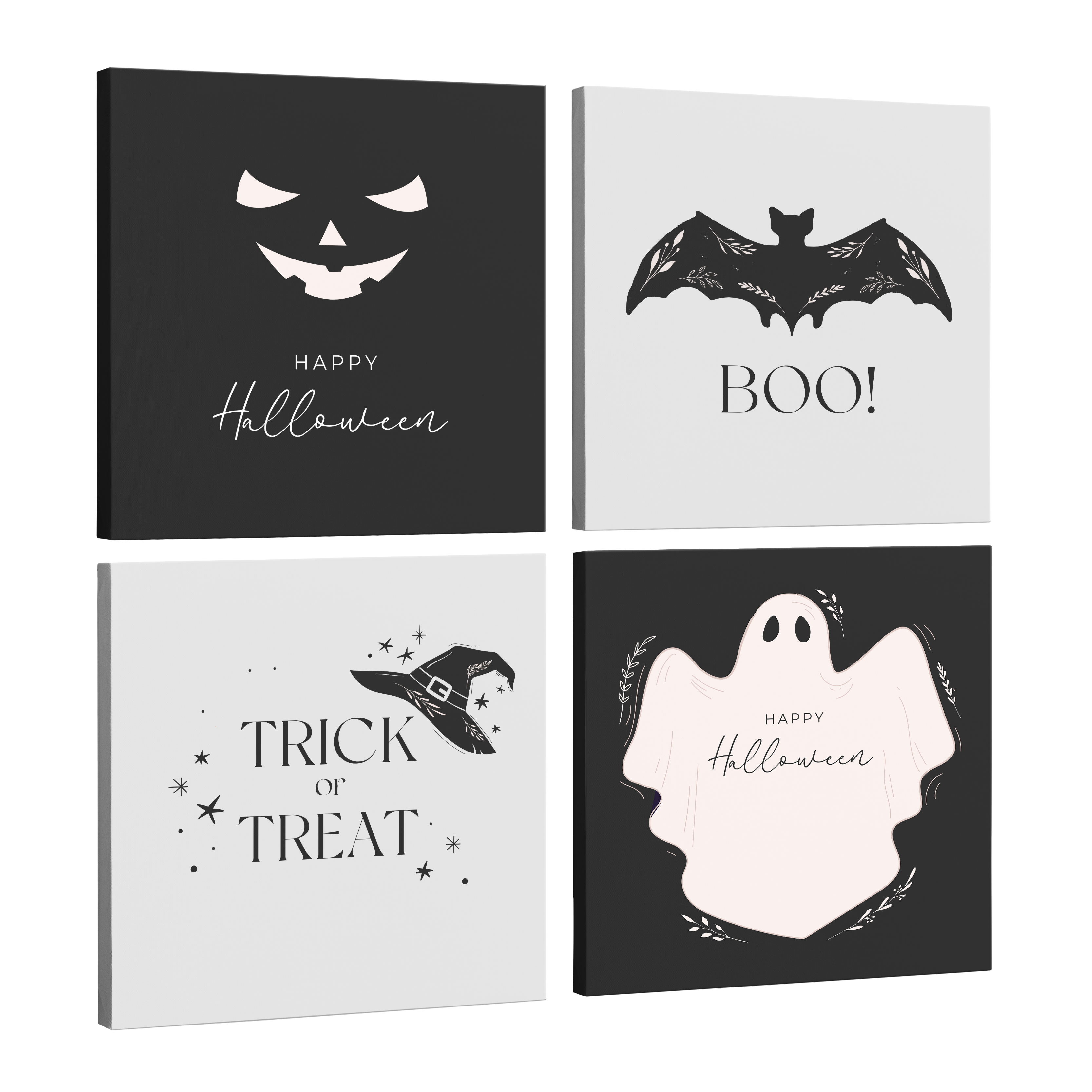 Set of 4, square easy to hang canvas prints on a transparent background featuring images of a white jack-o-latern smile with "Happy Halloween" under it on a black background, a black bat with "Boo!" on a white background, "Trick or Treat" with a black witch' hat and sparkles on a white background and a white ghost with "Happy Halloween" in it on a black background.