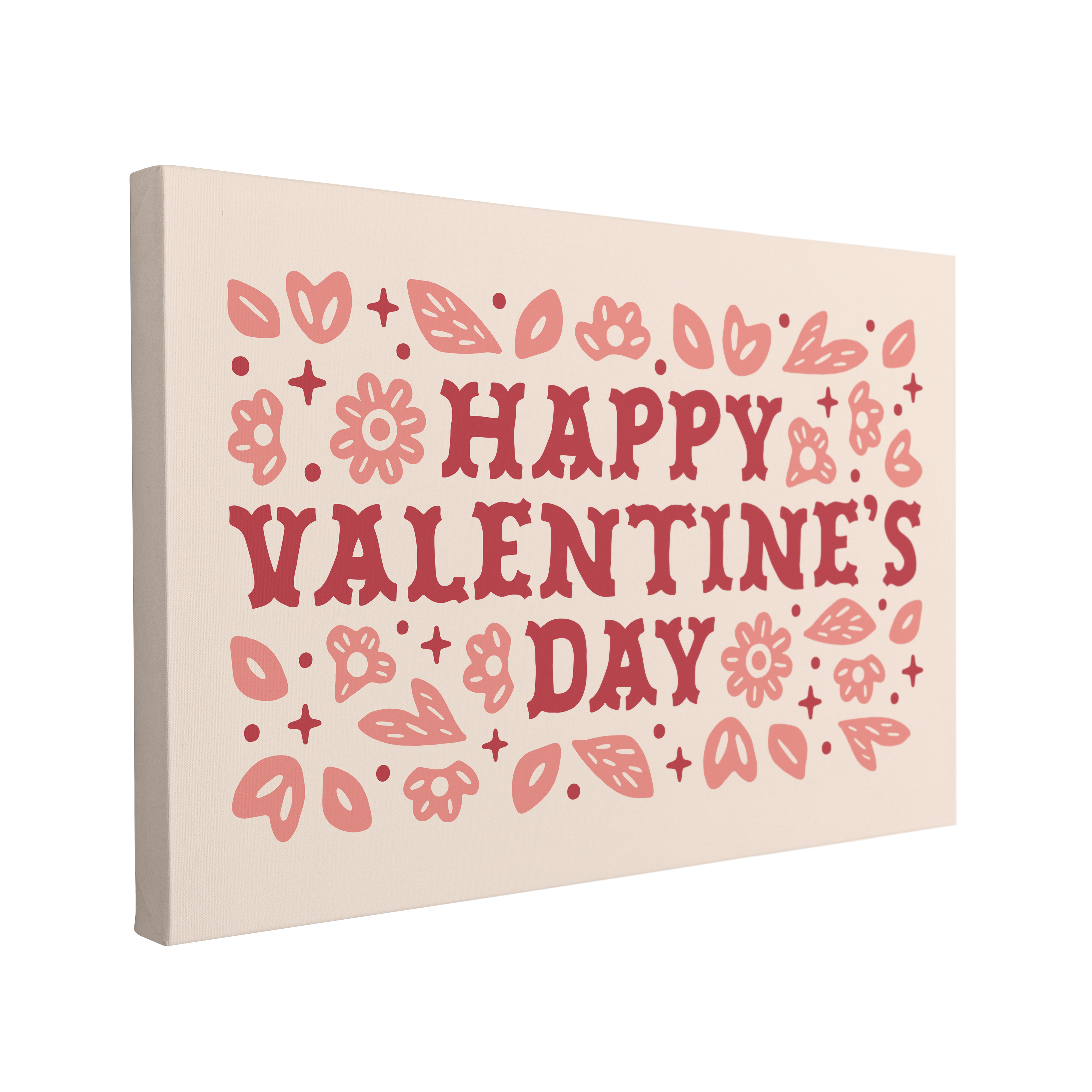 single, 2:3 horizontal easy to hang canvas print on a transparent background featuring an image of "Happy Valentine's Day" written in a pink/red vintage font with retro floral elements