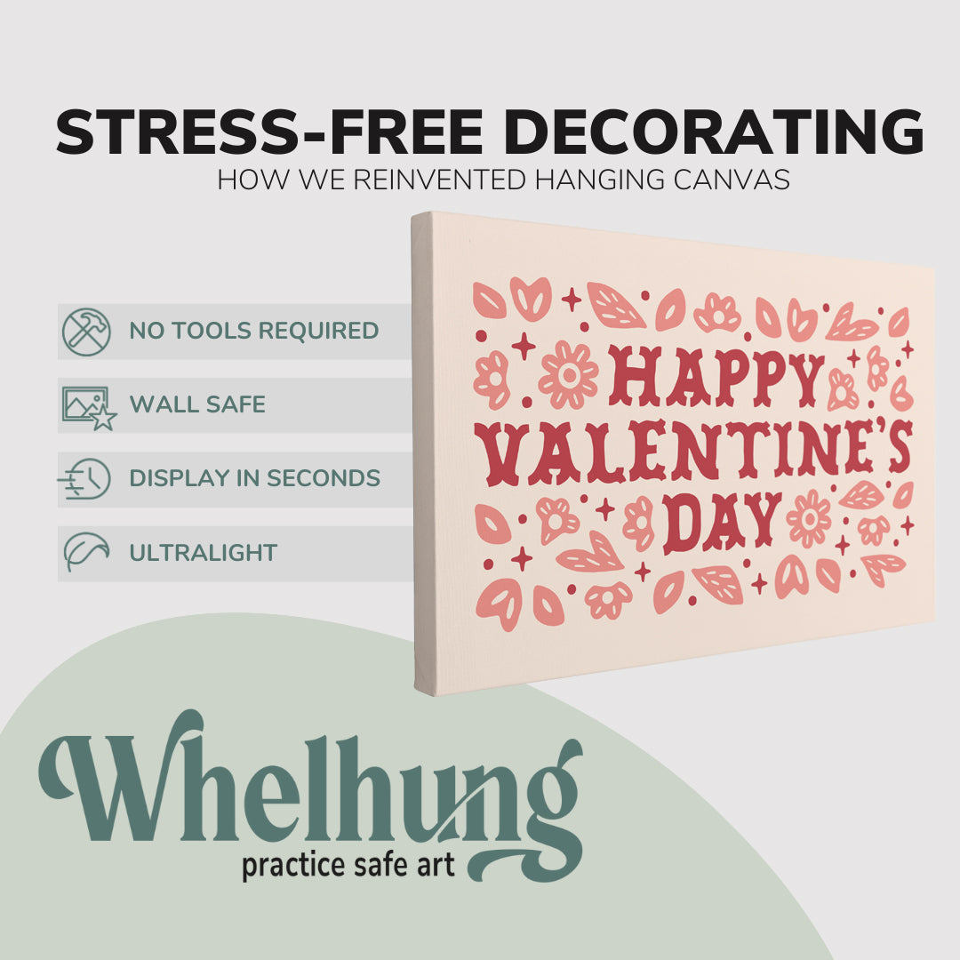 single, 2:3 horizontal easy to hang canvas print on a graphic displaying the stress-free decorating Whelhung offers, how we reinvented hanging canvas: "no tools required", "wall safe"", "display in seconds" and "ultralight."