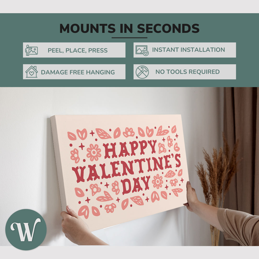 graphic showing hanging a single 2:3 horizontal 20x30 inch easy to hang canvas showing how easy it is to hang. Mounts in seconds, "peel, place, press", "instant installation", "damage free hanging" and "no tools required."