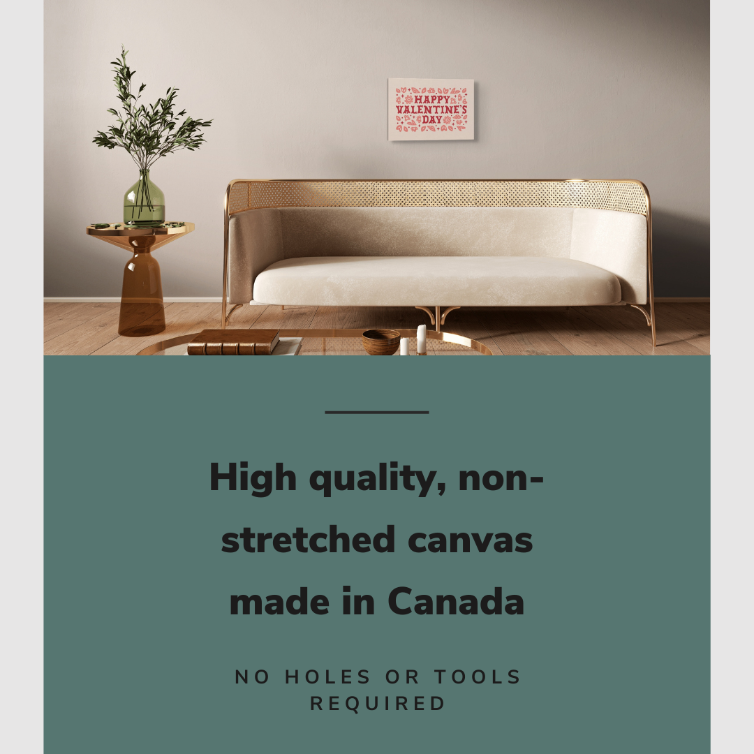 Lifestyle image of the vertical, 12x18 inch easy to hang canvas wall art hung in in a modern beige living room hung above a couch with graphic saying "High quality, non-stretched canvas made in Canada"