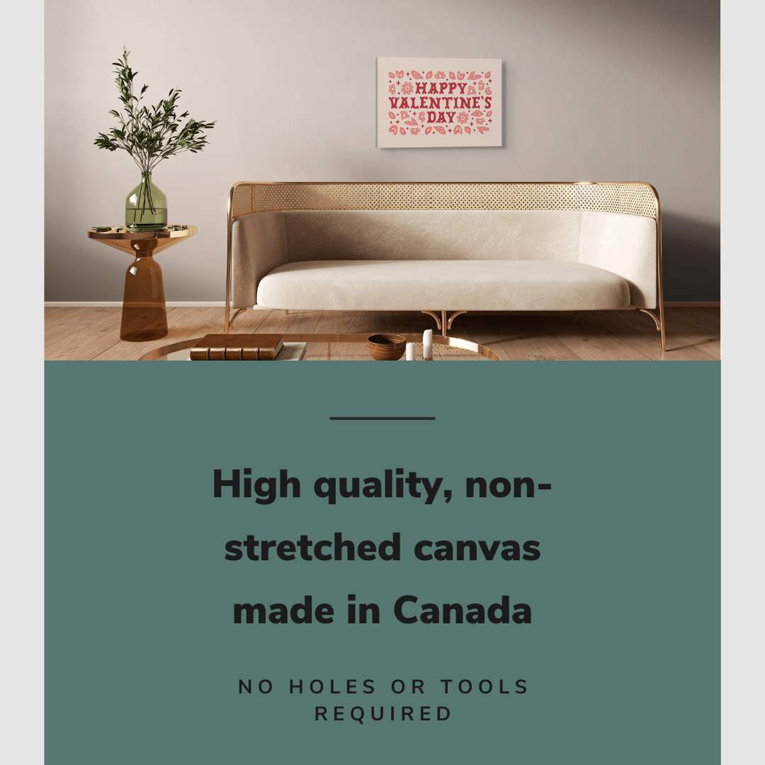 Lifestyle image of the vertical, 16x24 inch easy to hang canvas wall art hung in in a modern beige living room hung above a couch with graphic saying "High quality, non-stretched canvas made in Canada"