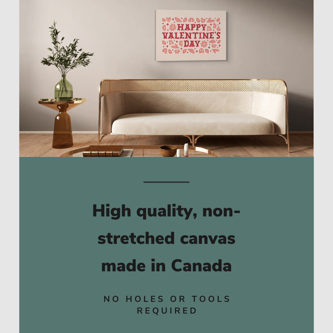 Lifestyle image of the vertical, 20x30 inch easy to hang canvas wall art hung in in a modern beige living room hung above a couch with graphic saying "High quality, non-stretched canvas made in Canada"