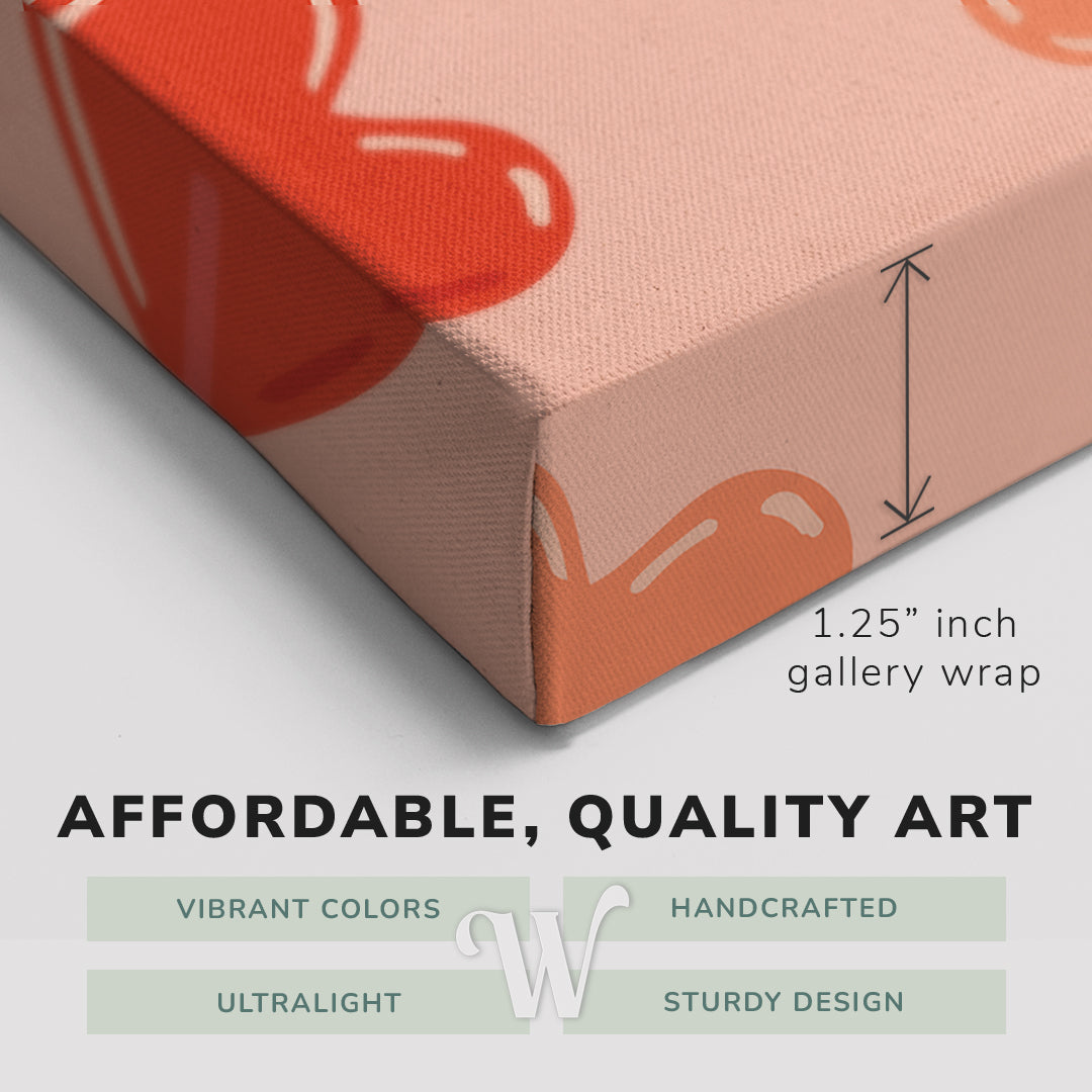Corner shot of a Whelhung easy to hang canvas print showing the 1.25" inch gallery wrap thickness and graphic saying "Affordable, Quality Art", "Vibrant Colors", "Handcrafted", "Ultralight" and "Sturdy Design."