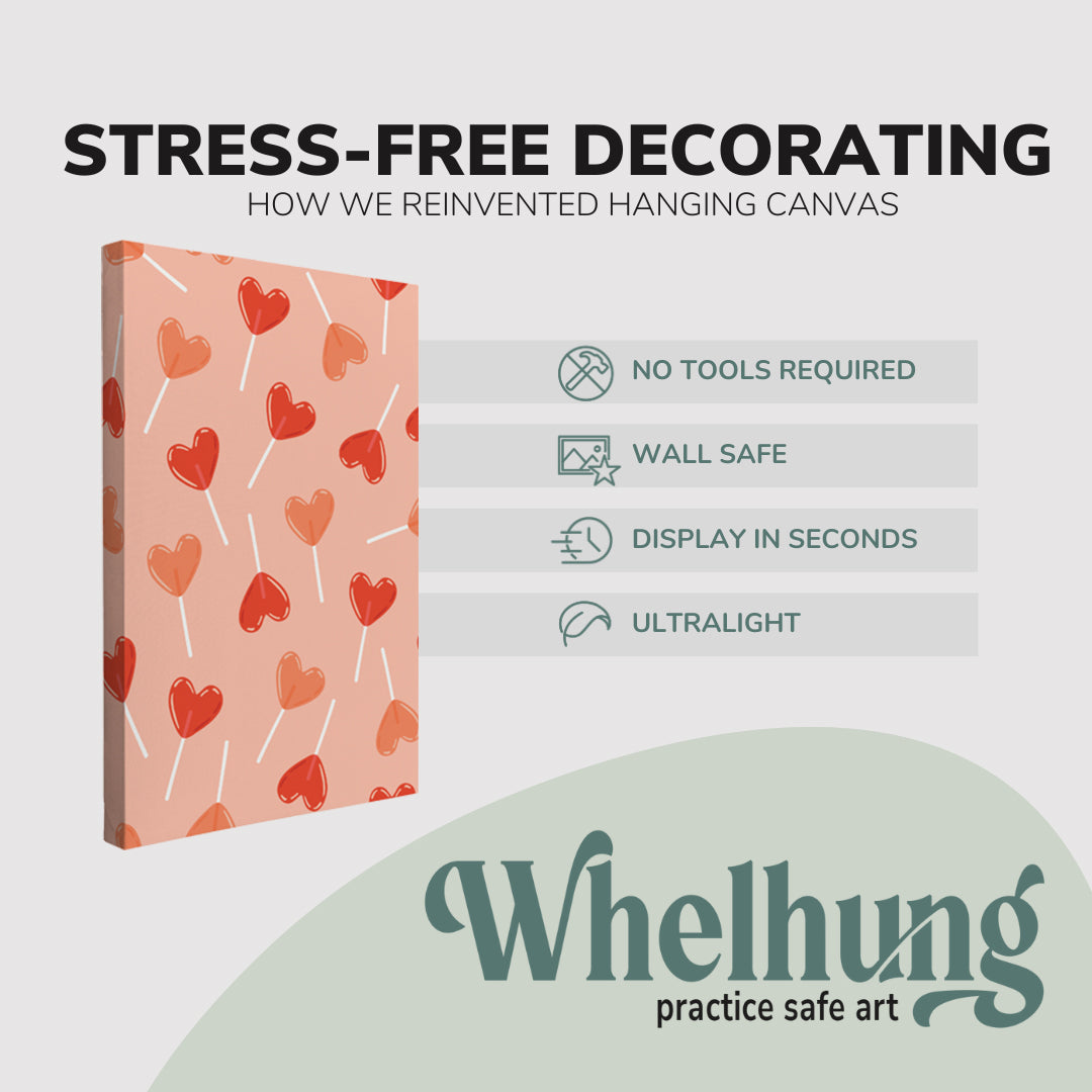 single, 2:3 vertical easy to hang canvas print on a graphic displaying the stress-free decorating Whelhung offers, how we reinvented hanging canvas: "no tools required", "wall safe"", "display in seconds" and "ultralight."