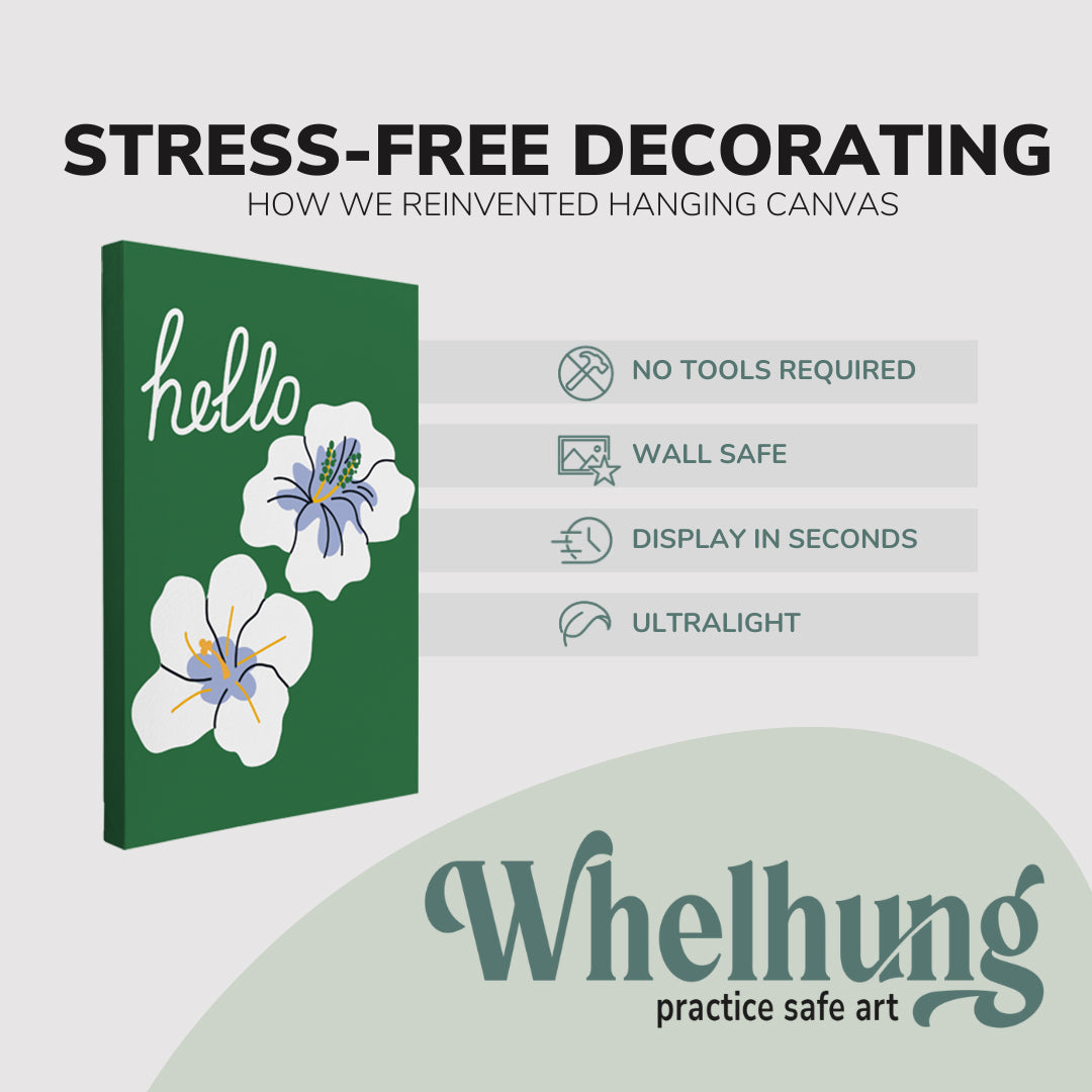 Single, 2:3 vertical easy to hang canvas prints on a graphic displaying the stress-free decorating Whelhung offers, how we reinvented hanging canvas: "no tools required", "wall safe", "display in seconds" and "ultralight."