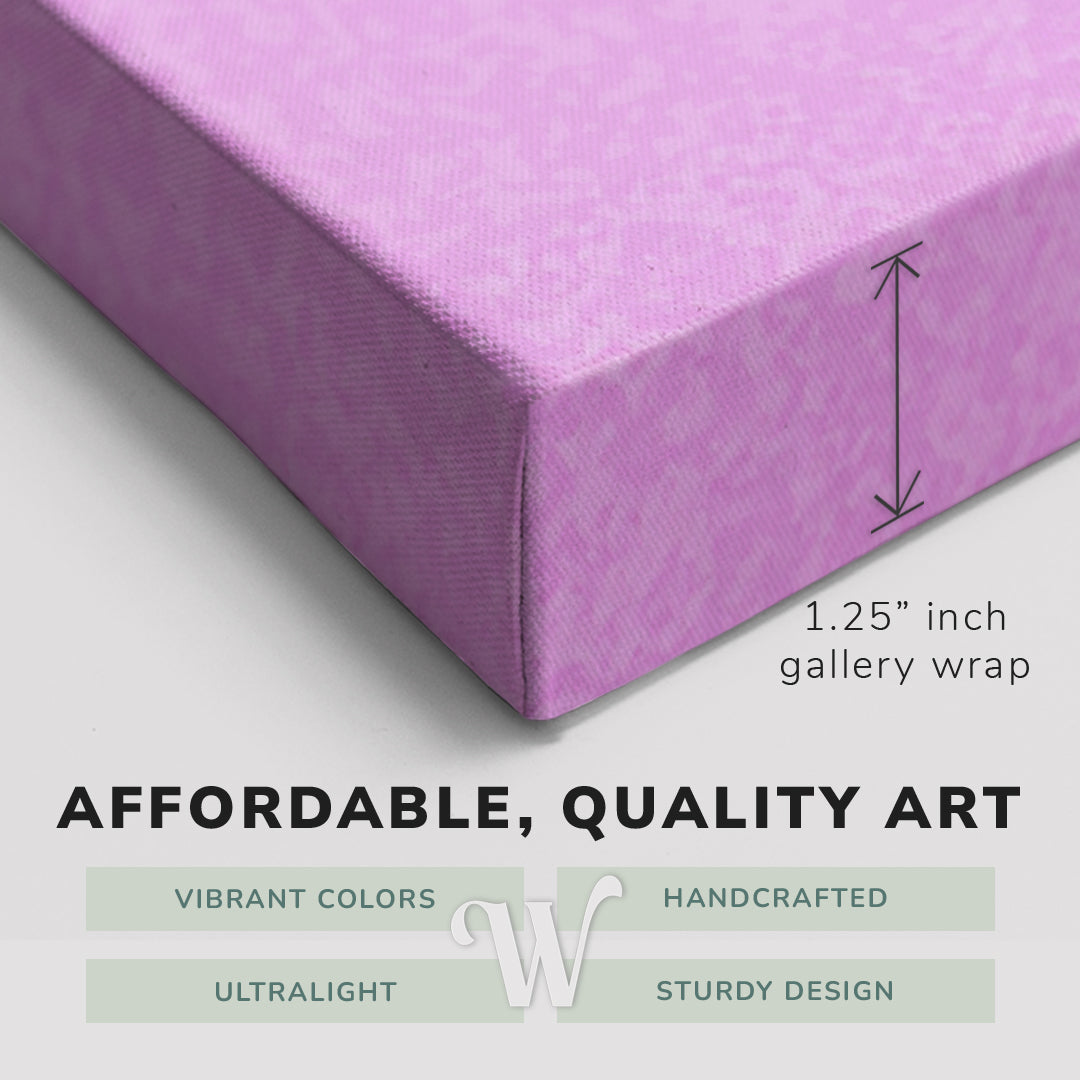 Corner shot of a Whelhung easy to hang canvas print showing the 1.25" inch gallery wrap thickness and graphic saying "Affordable, Quality Art", "Vibrant Colors", "Handcrafted", "Ultralight" and "Sturdy Design."