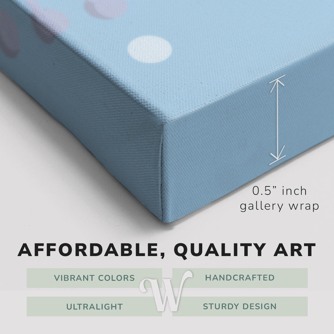 Corner shot of a Whelhung easy to hang canvas print showing the 0.5" inch gallery wrap thickness and graphic saying "Affordable, Quality Art", "Vibrant Colors", "Handcrafted", "Ultralight" and "Sturdy Design."
