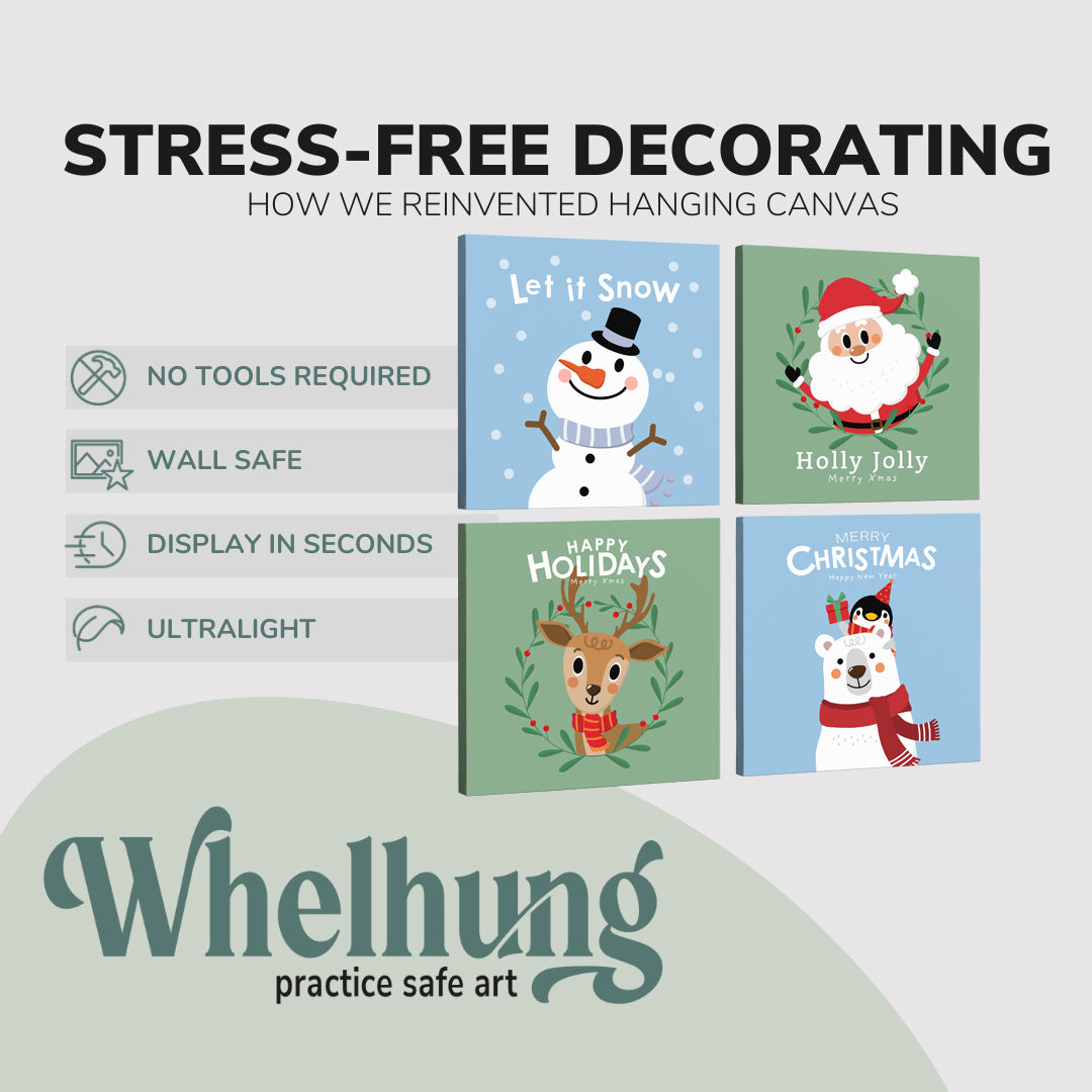 4 Panel, 1:1 square easy to hang canvas print on a graphic displaying the stress-free decorating Whelhung offers, how we reinvented hanging canvas: "no tools required", "wall safe"", "display in seconds" and "ultralight."