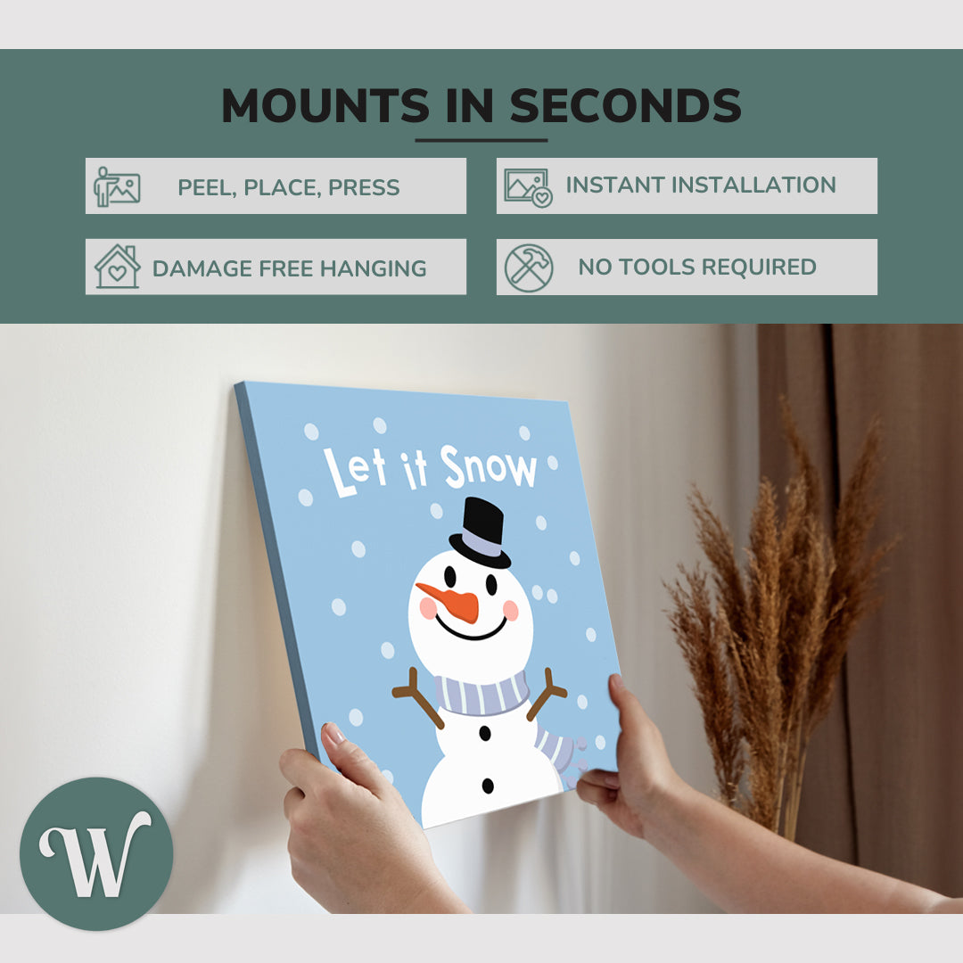 graphic showing hanging one of a 4 Panel 1:1 square 40x40 inch easy to hang canvas showing how easy it is to hang. Mounts in seconds, "peel, place, press", "instant installation", "damage free hanging" and "no tools required."