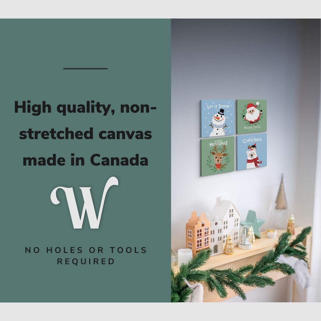 Lifestyle image of the vertical, 24x24 inch easy to hang canvas wall art hung in a living room above a christmas decorated mantle and fireplace with graphic saying "High quality, non-stretched canvas made in Canada"