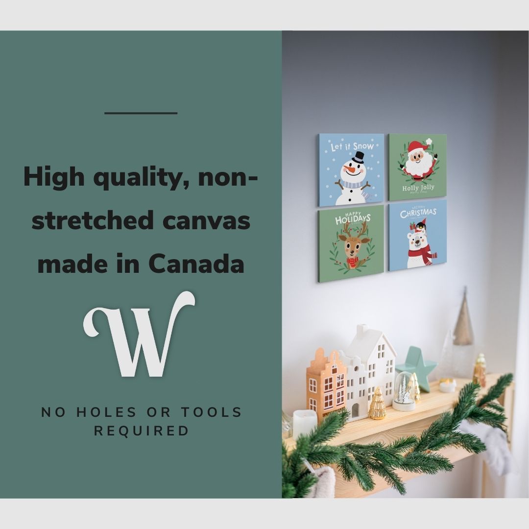 Lifestyle image of the vertical, 32x32 inch easy to hang canvas wall art hung in a living room above a christmas decorated mantle and fireplace with graphic saying "High quality, non-stretched canvas made in Canada"
