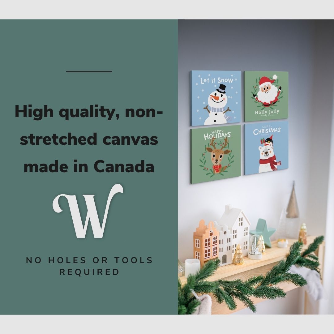 Lifestyle image of the vertical, 40x40 inch easy to hang canvas wall art hung in a living room above a christmas decorated mantle and fireplace with graphic saying "High quality, non-stretched canvas made in Canada"