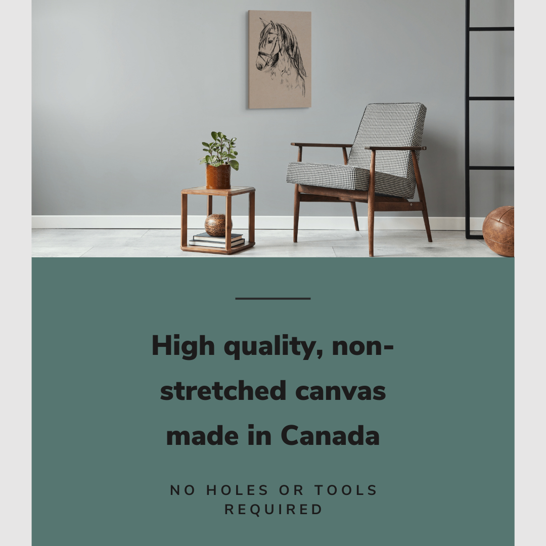 Lifestyle image of the vertical, 20x30” inch easy to hang canvas wall art hung in a living room above a chair and table with graphic saying "High quality, non-stretched canvas made in Canada"
