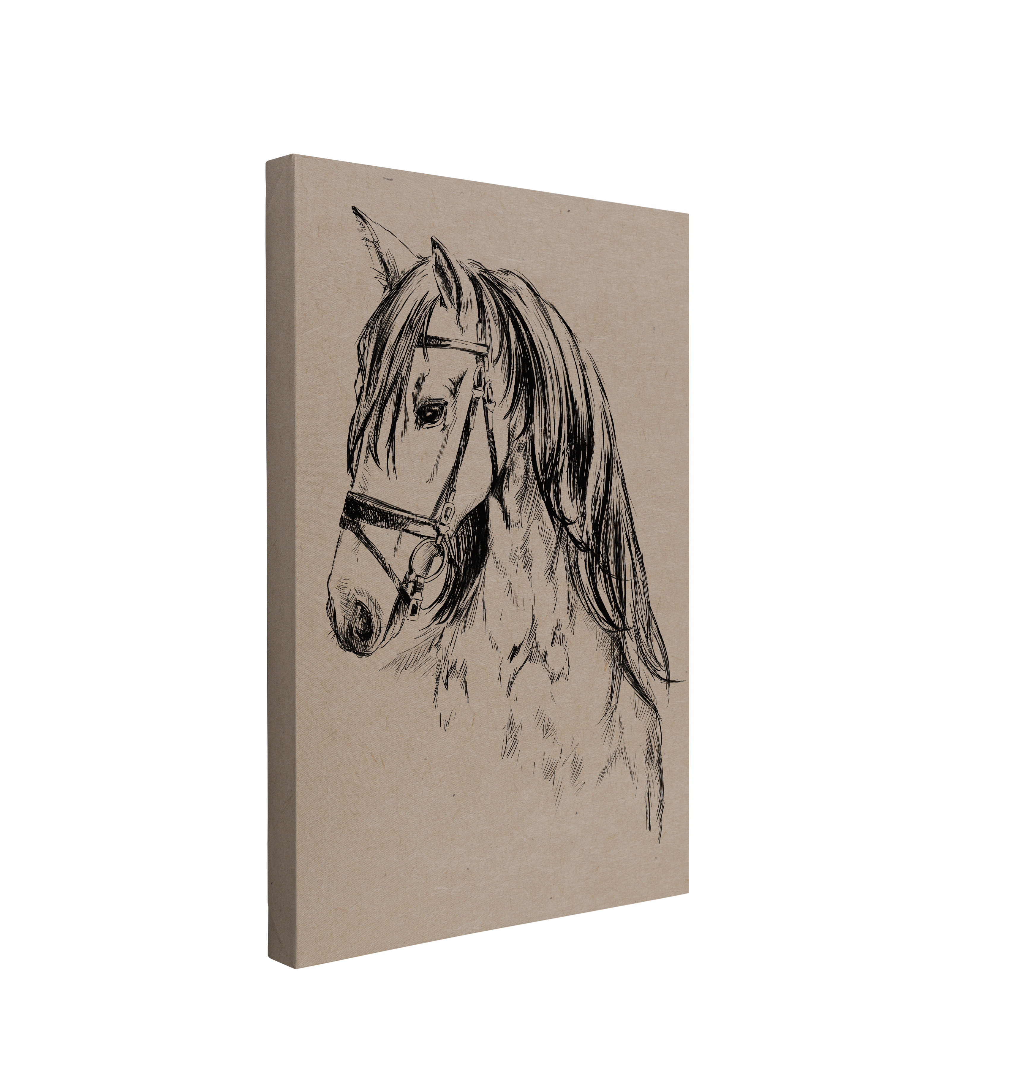 Single, 2:3 vertical easy to hang canvas print on a transparent background featuring an image of horse head sketched in black, facing towards the left on a brown rustic background.