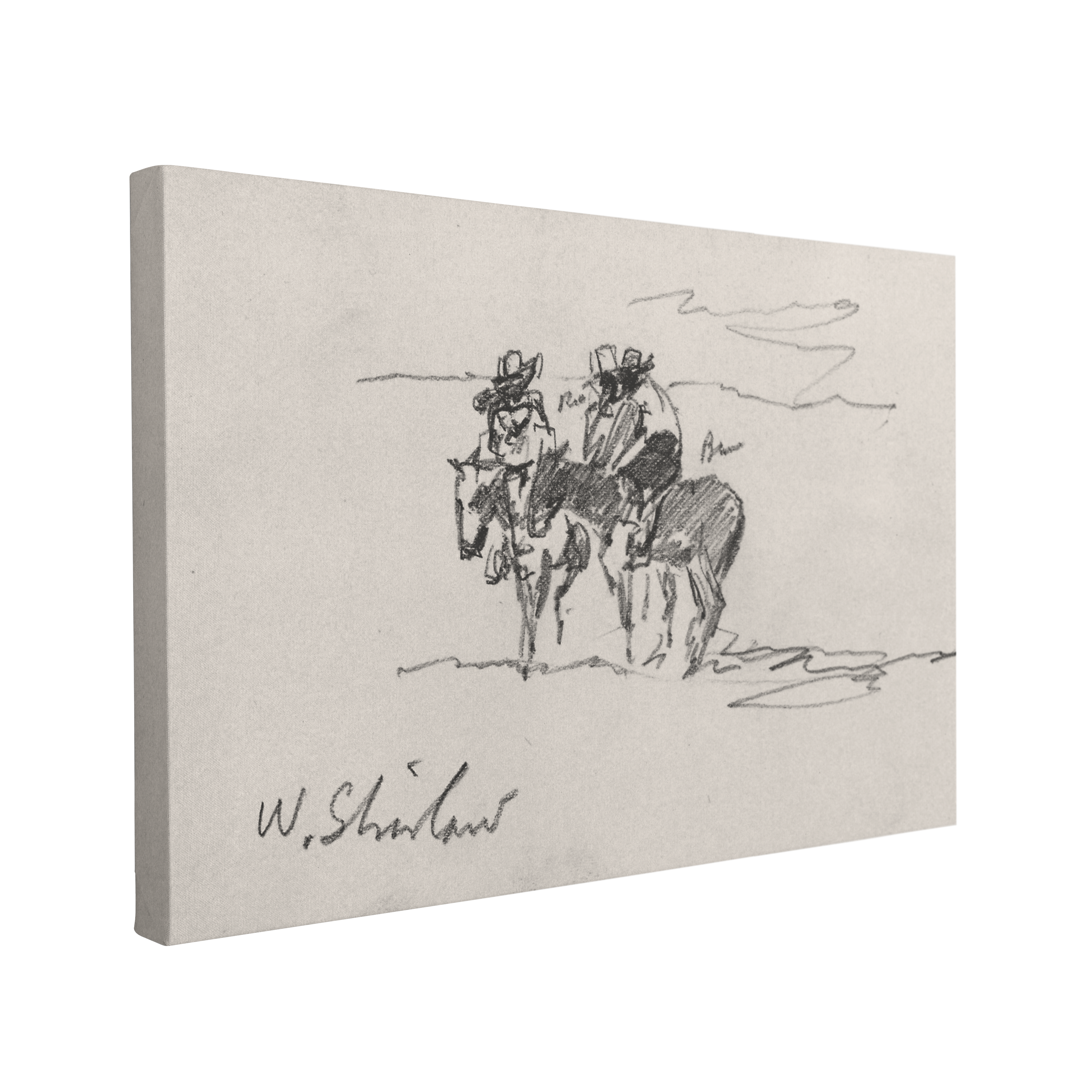 Single, 2:3 horizontal easy to hang canvas print on a transparent background featuring an image of a vintage sketch of two cowboys on their horses in black and white
