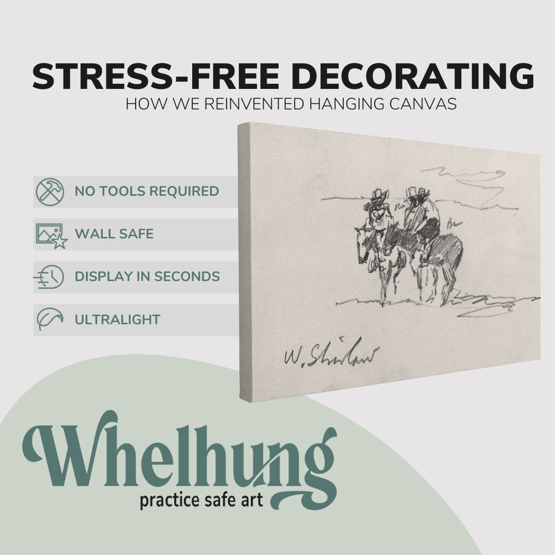 Single, 2:3 horizontal easy to hang canvas print on a graphic displaying the stress-free decorating Whelhung offers, how we reinvented hanging canvas: "no tools required", "wall safe", "display in seconds" and "ultralight."