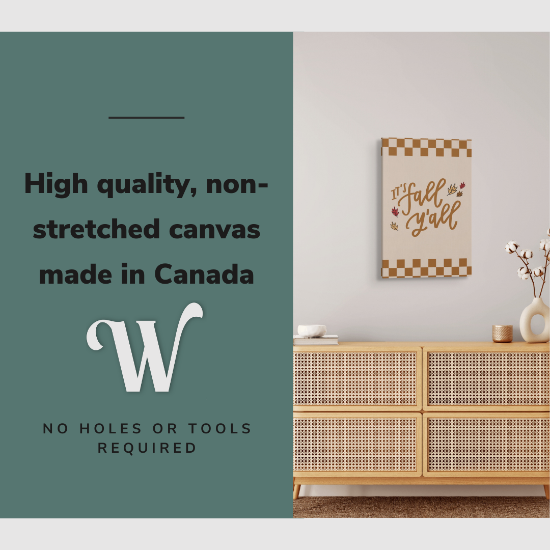 Lifestyle image of the vertical 16x24” inch easy to hang canvas wall art hung in a living room above a credenza with graphic saying "High quality, non-stretched canvas made in Canada."